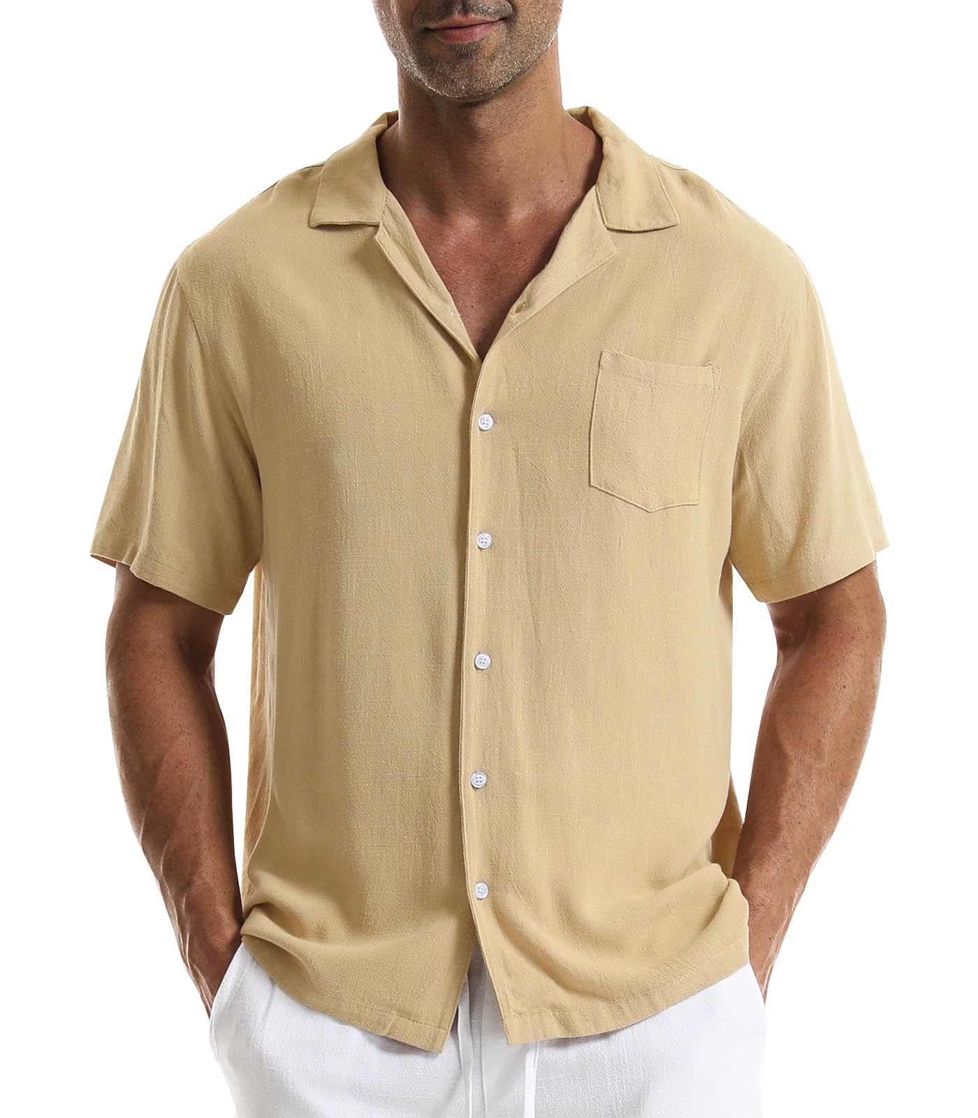 Zetieny Camisa Lino Hombre Camisas de Manga Corta con Botones Henley Shirts de Playa Informal con Bolsillos