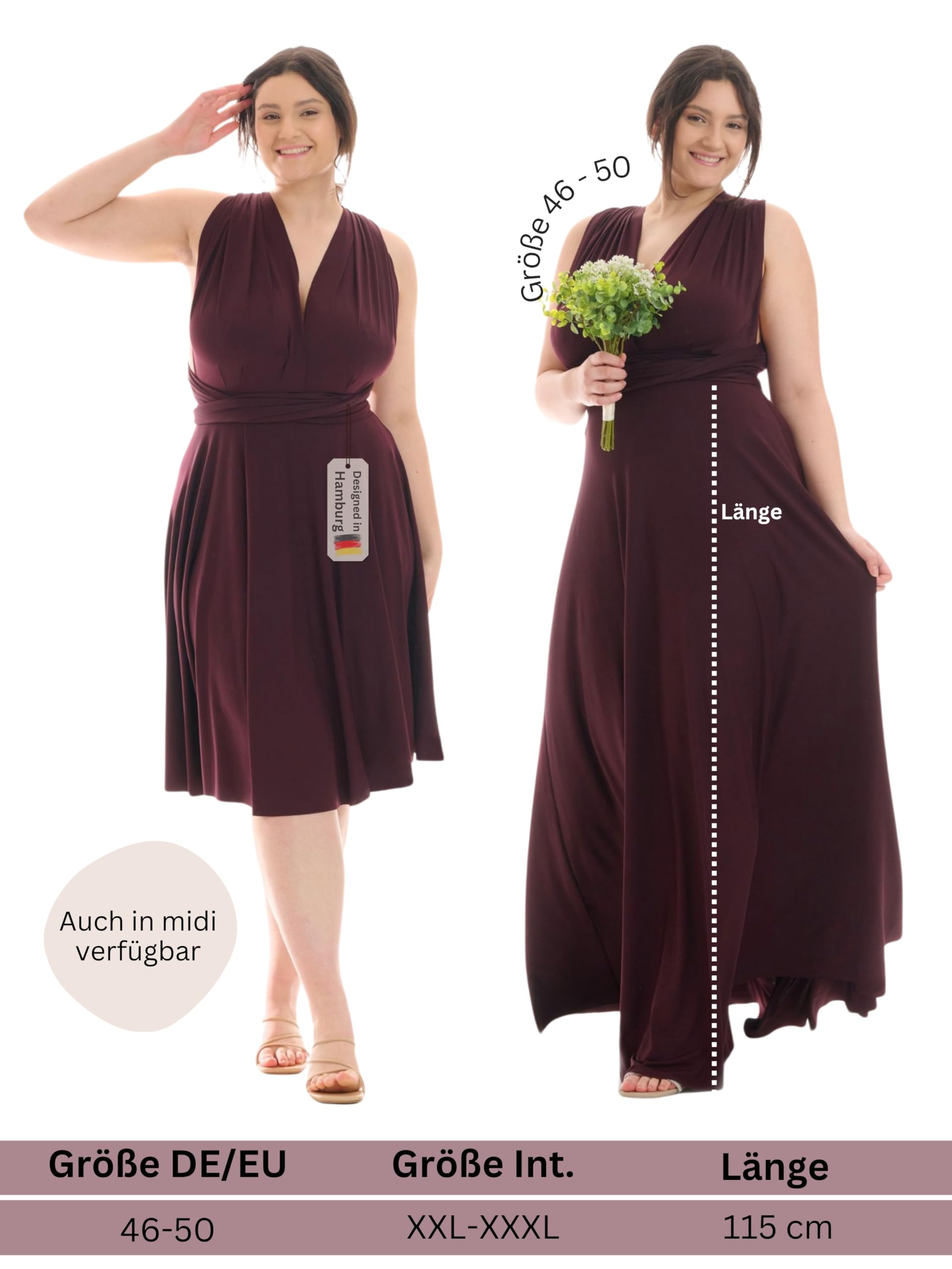 Juvell Brautjungfernkleider lang Plus Size Infinity-Dress Curvy - 1000-C | Hochzeit Plus Size Maxi-Kleid Wickelkleid Curvy Hochzeit-Abiball festliches Multiway-Kleid