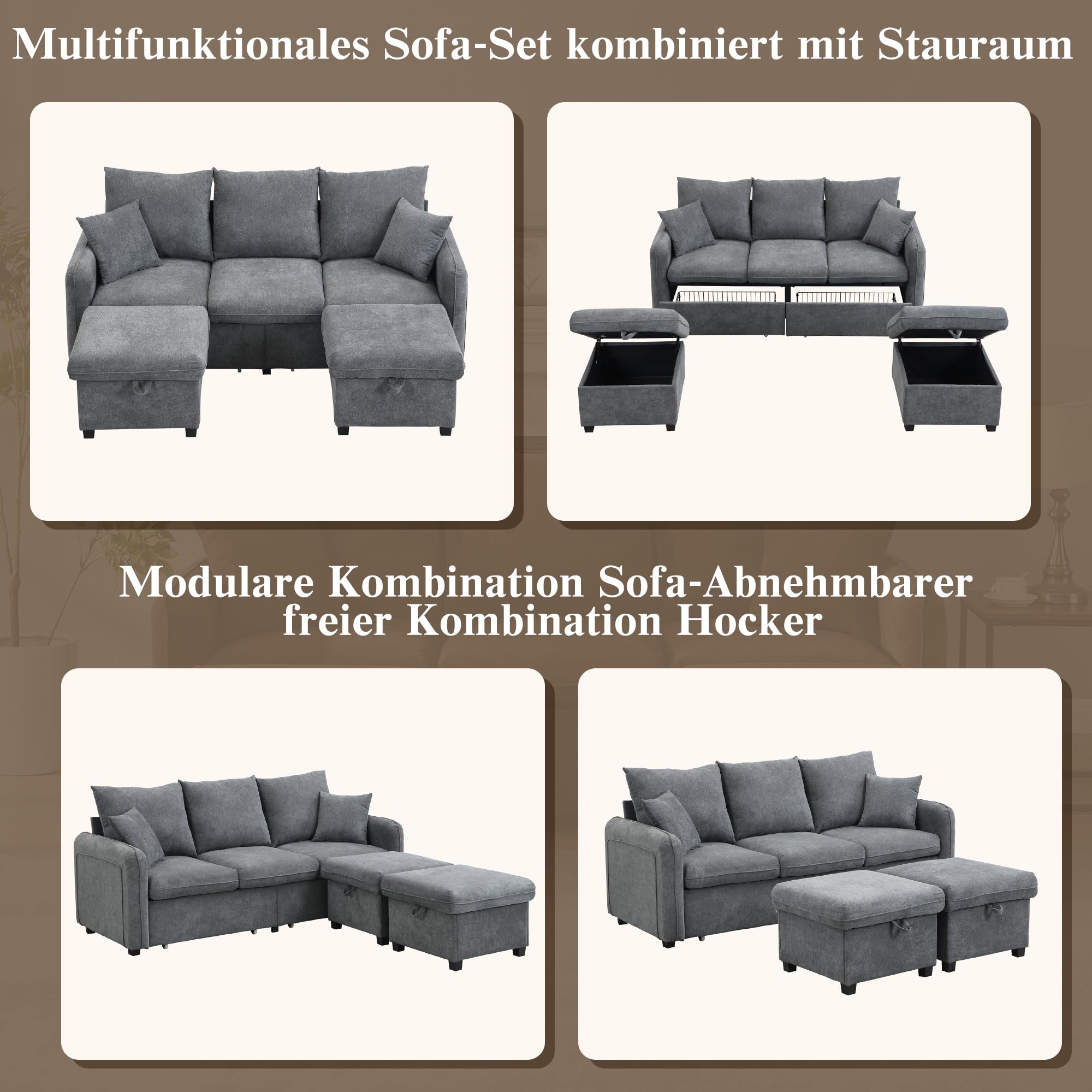 Merax Multifunktionales Ecksofa, 3-Sitzer Polster-Sofa mit Schlaffunktion, mit 2 Staufunktion Hocker, mit 2 Schubladen, modular zerlegbar, Cord-Stoff, für kleine Wohnungen, Dunkelgrau