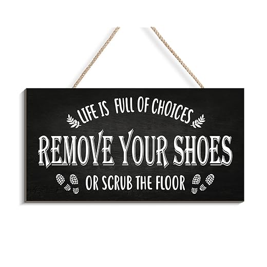 Remove Your Shoes Sign For the Front Door - Rustic Farmhouse Front Door Sign - Shoes Off Sign Wall Hanging, 6x12 Inch, White