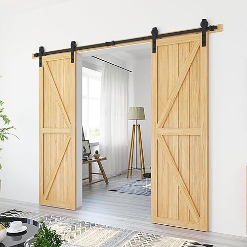 Miniatura 3 de ROOMTEC Kit de herrajes para puerta corrediza de granero de 8 pies, kit de riel para puerta doble, resistente, polea J básica, se desliza suavemente