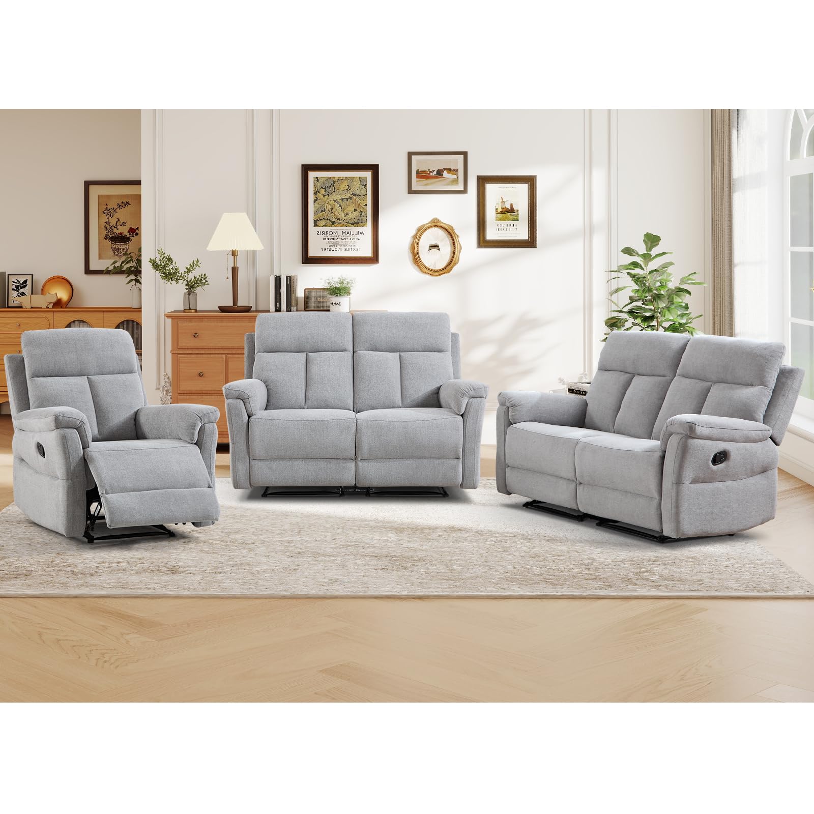 ANJ 3-Piece Manual Recliner Sofa Set, Recliner Chair and Two Loveseats with Overstuffed Backrest and Supportive Backrest, Fabric Reclining Couch Set for Living Room, Silver