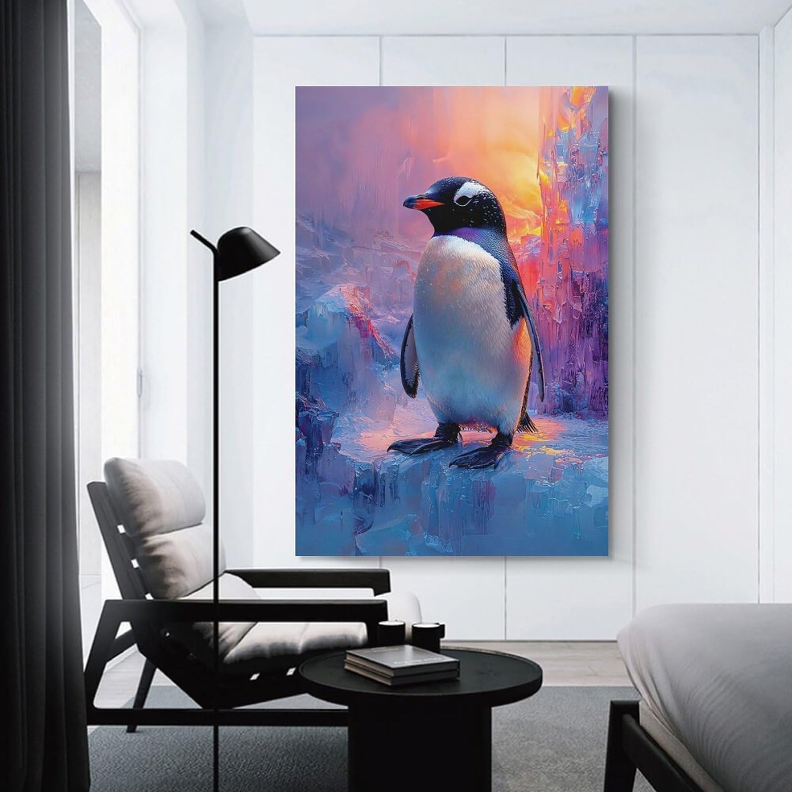 Junmoney Unframe-Style-1 Penguin On Ice With Colorful Background Home Decor Wall Art 20X30inch(50X75cm), For Bedroom, Guest Room Or Reading Nook, Decorative Wall Art For Cosy Rooms