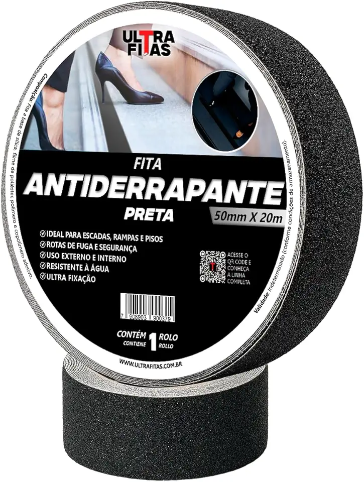 Fita Adesiva Antiderrapante 20 Metros Piso Escada Rampa Externo Diversas Cores (Preta)