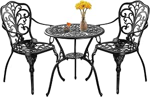 Outdoor Bistro Table and Chairs Set of 2, Outdoor Bistro Set 3 Piece with Umbrella Hole, Black Patio Bistro Sets Cast Aluminum for Balcony Porch Yard