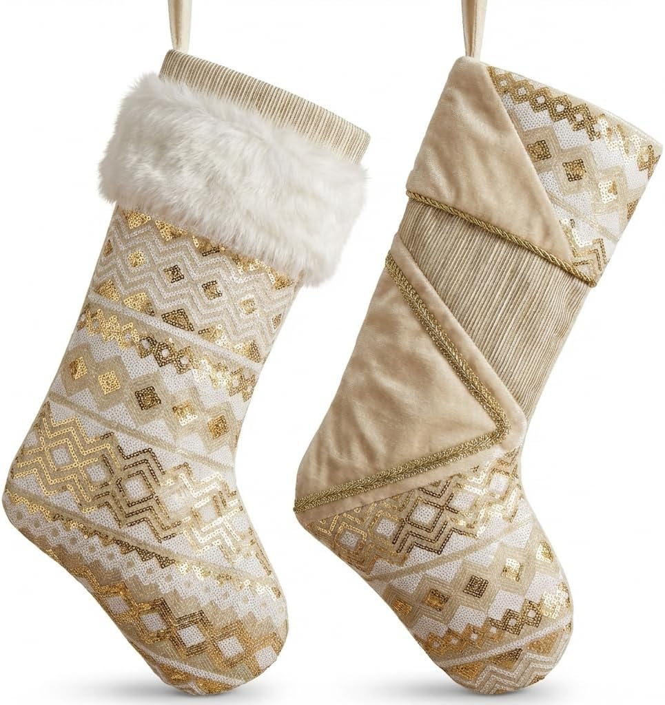 Set of 2 Valery Madelyn White and Gold Christmas Stockings with Plush Trim, 21 Inches