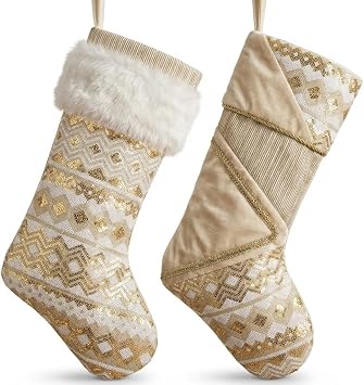 Valery Madelyn Christmas Stockings Decorations, 18 Inch Fabric 2 Pack White Gold Corrugation Exquisite Plush Personalized Fireplace Hanging Ornament for Holiday Xmas Party Decor