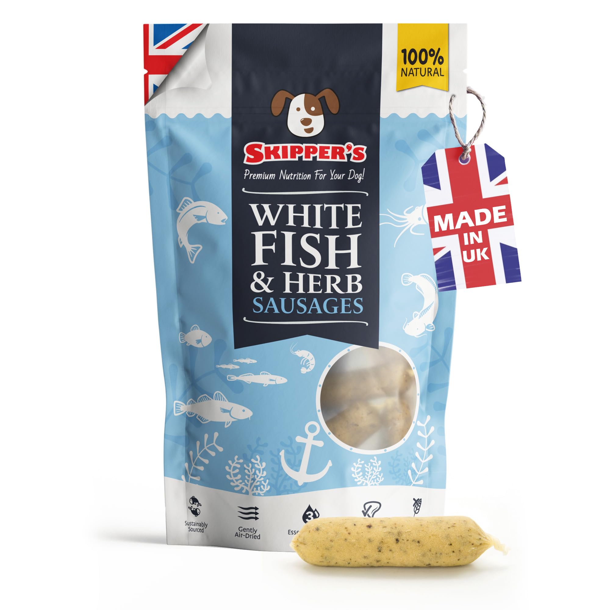 SKIPPER'S White Fish & Herb Sausage for Dog - Wheat & Gluten Free, Essential Source of Omega 3 Oil, Low Fat & Hypoallergenic Natural Dog Food, Fish Sausage & Herb, Good for Skin & Digestion | 500g