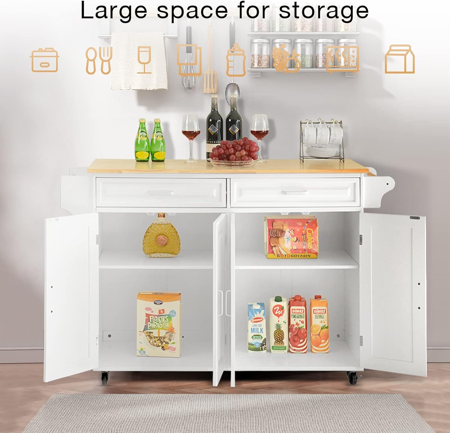 QCen Kitchen Island Cart with Storage Drawer, Spice Rack and Towel Holder, Kitchen Bar and Serving Carts on Wheels with Utility Cabinet Trolley for Home Hotel Kitchen Dinning Room, Soild Wood Top