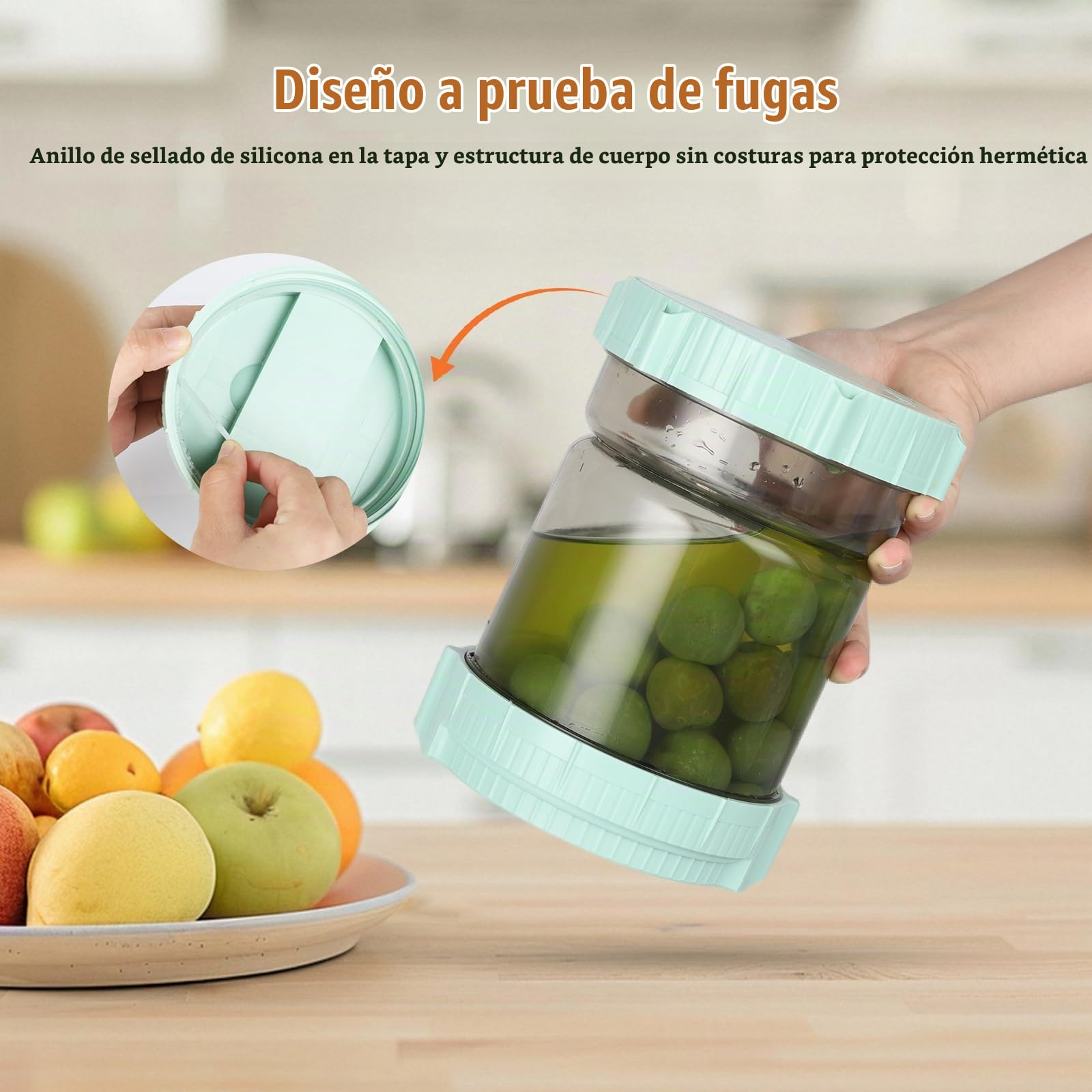 VINATO Bote para Aceitunas con Escurridor Capovolteable | Recipiente Encurtidos Hermético, Almacenaje Cocina | 1.5L (Aceitunas, Jalapeños)