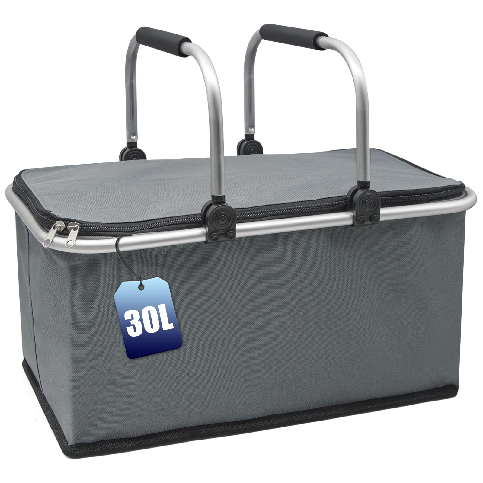 Cesta de Picnic Grande Portátil Plegable Impermeable, Bolsa Térmica con Marco de Aluminio, Oxford Cesta Resistente para Camping y Picnic (Gris)
