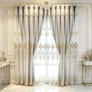 Amidoudou 1 Pair European Curtains with Valance Attached Double Layer Curtains for Living Room Bedroom Grey,51x96 Inch