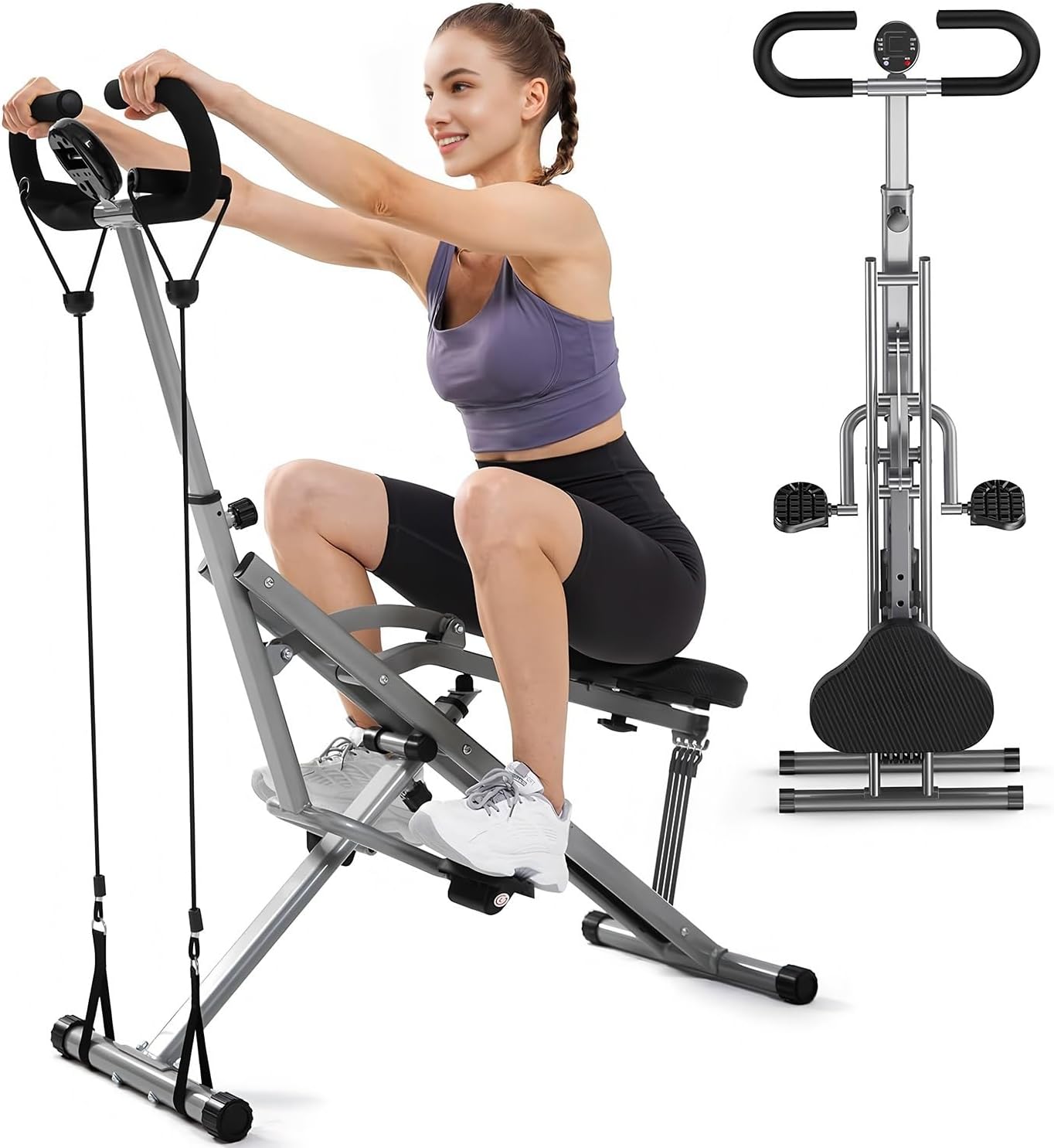 Squat Machine for Home Gym, 2 in 1 Squat Rowing Machine with Adjustable 4 Resistance Bands, Foldable Core Exercise Machine, Arm Glute & Leg Cardio Workout Machine