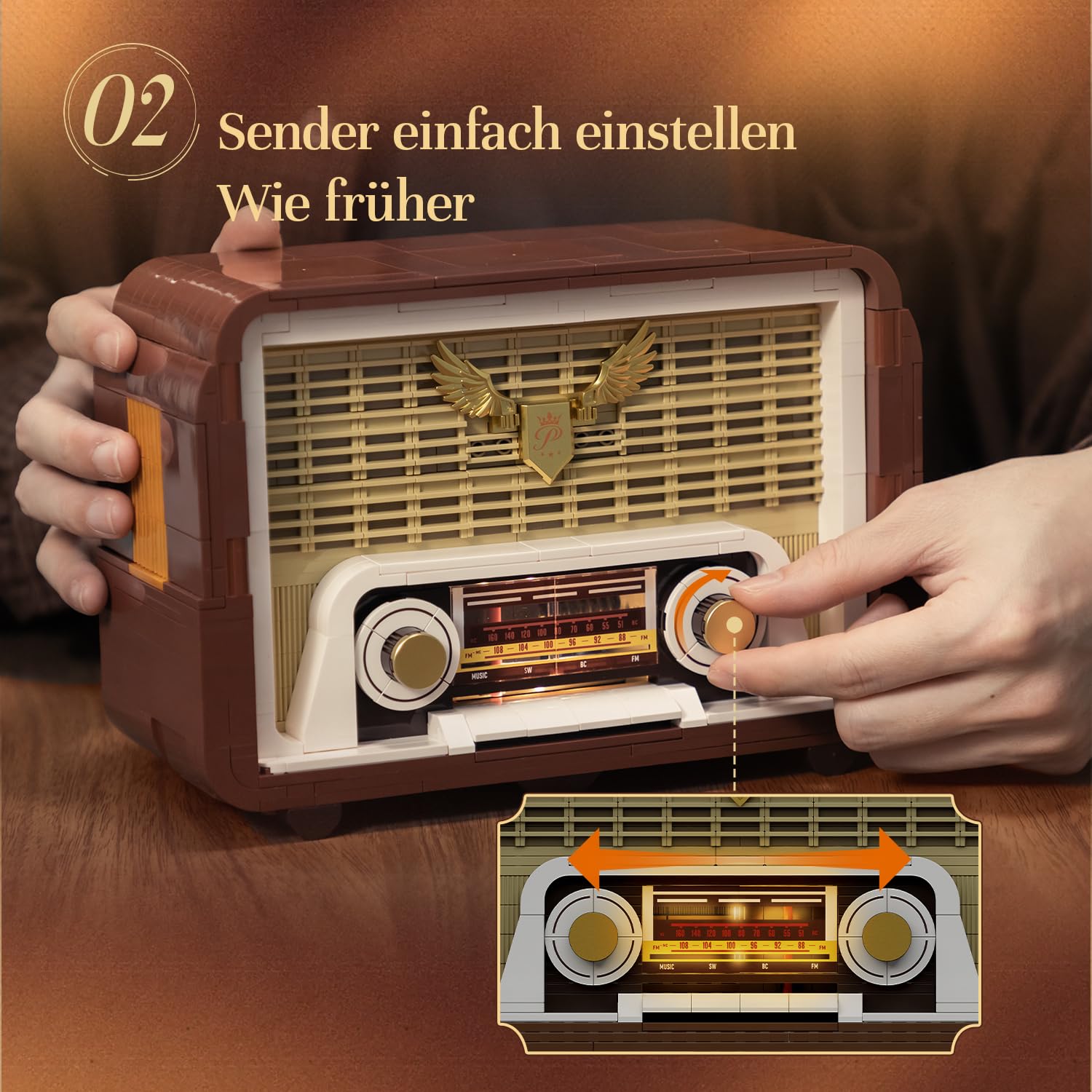 PANTASY Vintage Radio Klemmbaustein-Set für Erwachsene, Retro Radio Modell mit Lichtmodul und beweglichem Abstimmknopf, Handy-Lautsprecher Verstärker Elektronikstruktur, Deko Geschenk
