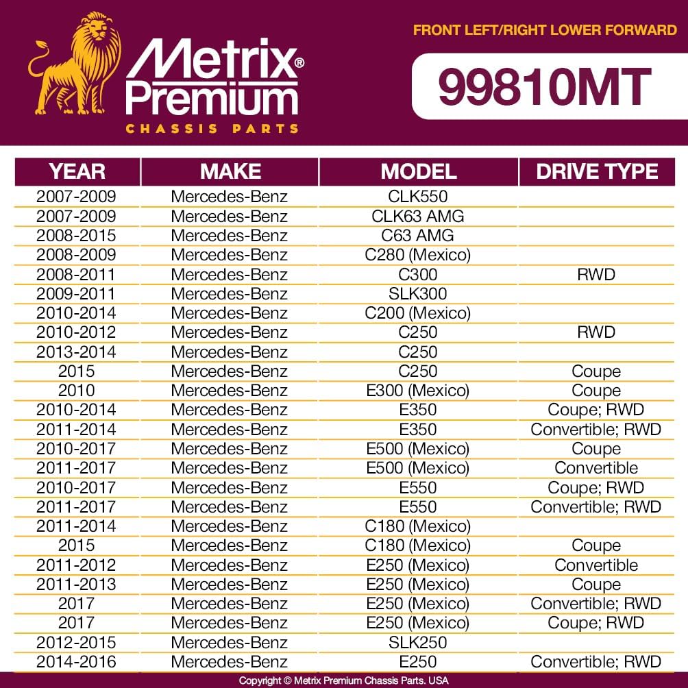 Metrix Premium Chassis Parts - Front Left & Right Lower Forward Control Arm w Ball Joint & Bushing Assembly Kit Fits 01-04 Mercedes-Benz C200 (Mexico), 01-02 C240, RK620087, RK620086, Made in Europe