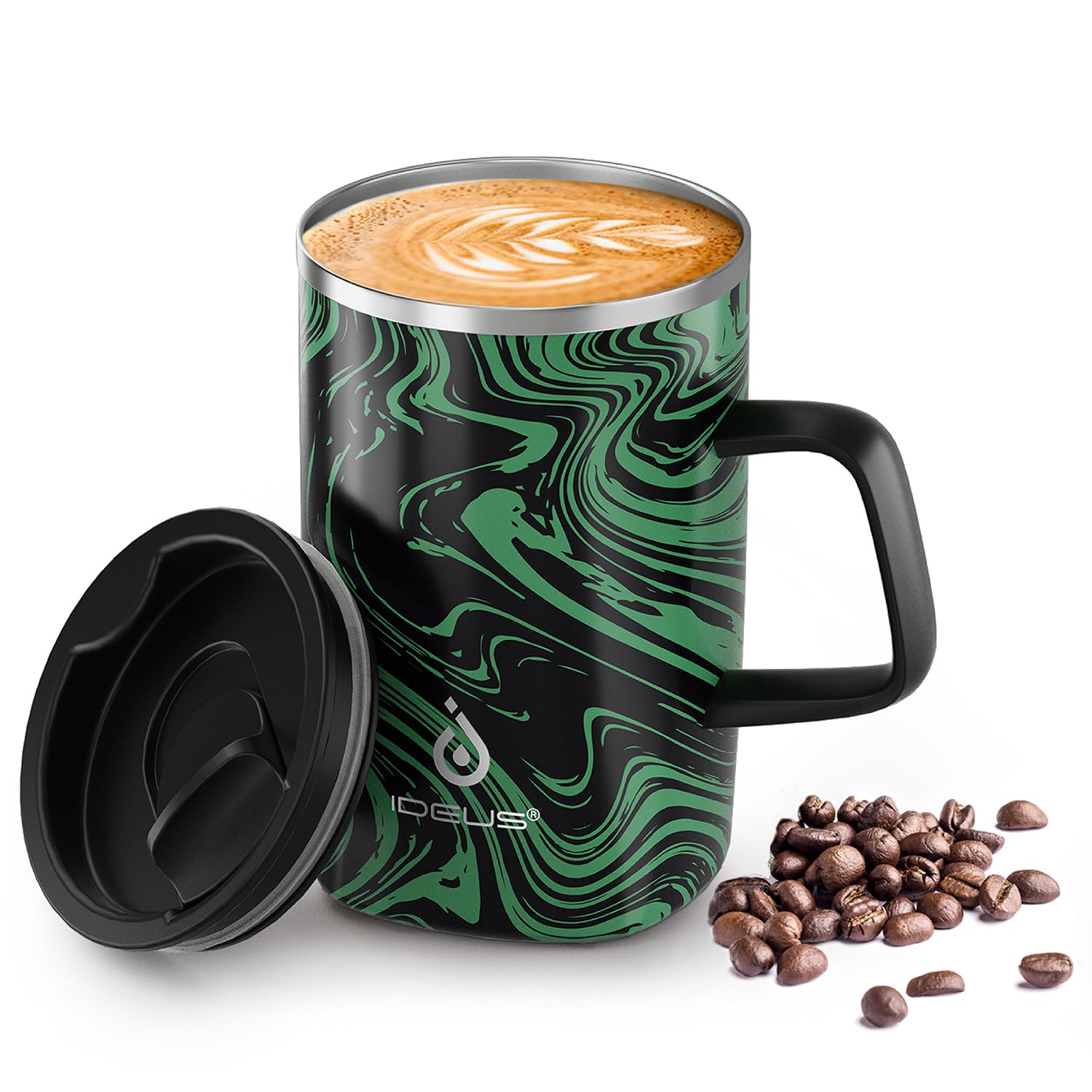 Ideus Vacuum Insulated Coffee Mug, 16oz Reusable Stainless Steel Thermal Double Walled Cup with Handle and Slider Lid for Hot & Cold Beverages, BPA Free (Green Zebra)
