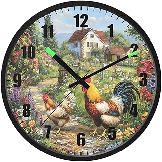 Rooster Hen Flower Garden Print Night Light Wall Clock for Bedroom 12 Inch Silent Battery Operated LED Sound Control Wall Clock with Black Frame for Office Living Room Home Kitchen