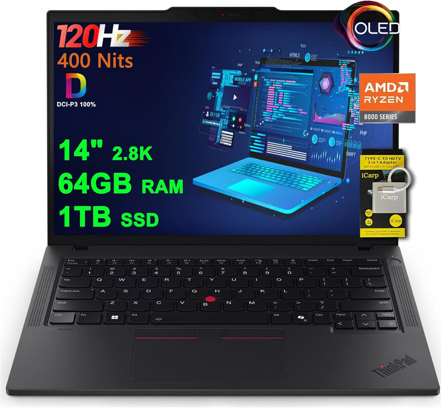 Lenovo ThinkPad P14s Gen 5 Mobile Workstation Laptop 14" 2.8K (2880x1800) OLED 120Hz (400nits) AMD 8-core Ryzen 7 PRO 8840HS (>i7-12700H) 64GB RAM 1TB SSD Backlit Fingerprint Win11Pro w/ICP Accessory