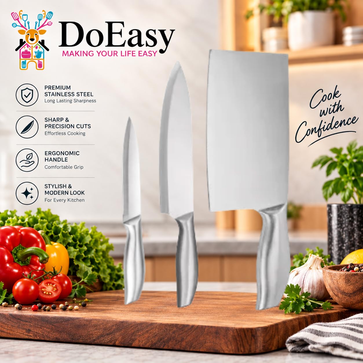DOEASY Stainless Steel Knife Set - 3 Piece Professional Kitchen Knives -3