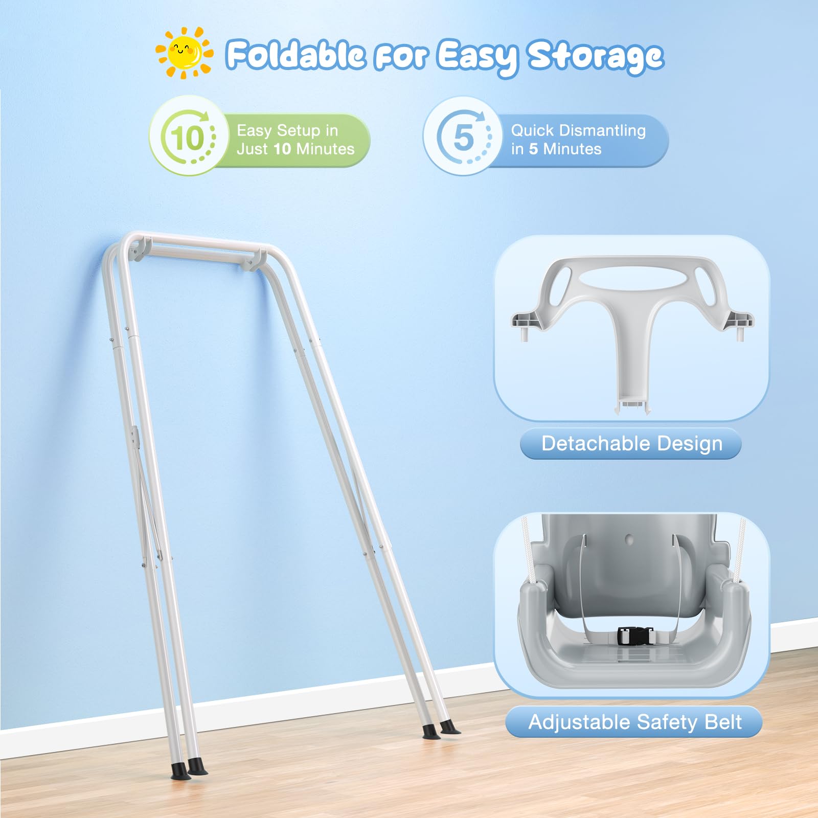 Arrampicate e altalene,4-in-1 Altalena da Giardino per Bambini,Giochi per Neonato da Interno/Esterno, Supporto in Metallo Pieghevole e Istruzioni Chiare(Bianco)