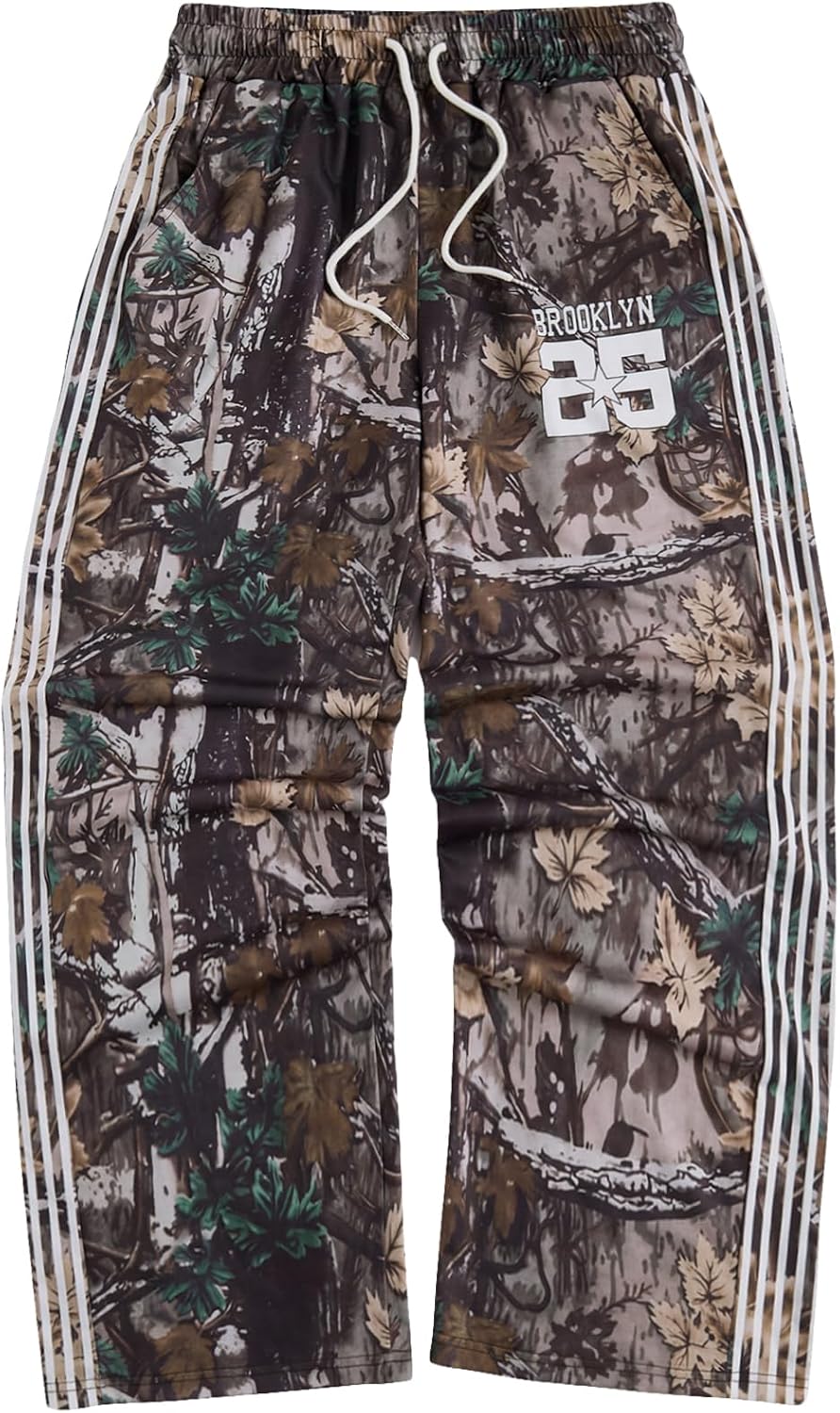 SOLY HUX Men's Camo Pants Drawstring Waist Straight Leg Streetwear Baggy Sweatpants with Pocket