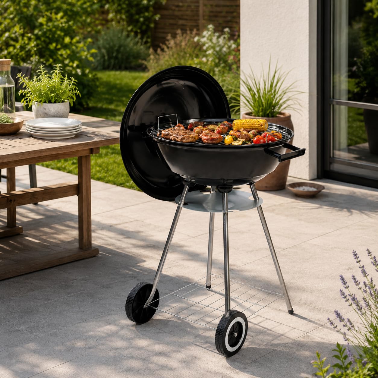 Barbecue con Coperchio a Carbone Rotondo Ø 46 cm – Griglia BBQ Kettle con Ruote, Valvola Aerazione e Vaschetta Cenere – Ideale per 2-6 Persone – Giardino, Terrazzo e Campeggio