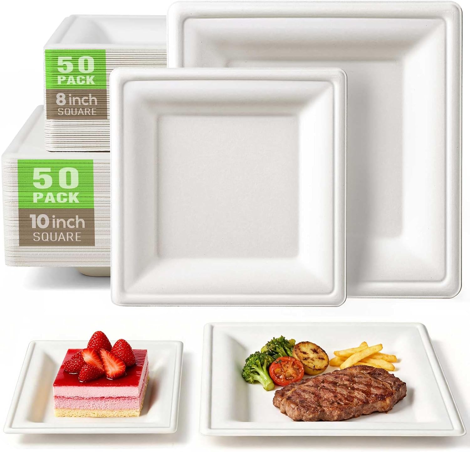 100 Pack Compostable Square Paper Plates, White - 10" & 8" Heavy Duty Disposable Plates Biodegradable Sugarcane Fiber, Eco Friendly Dinnerware for Wedding, Party, Birthday