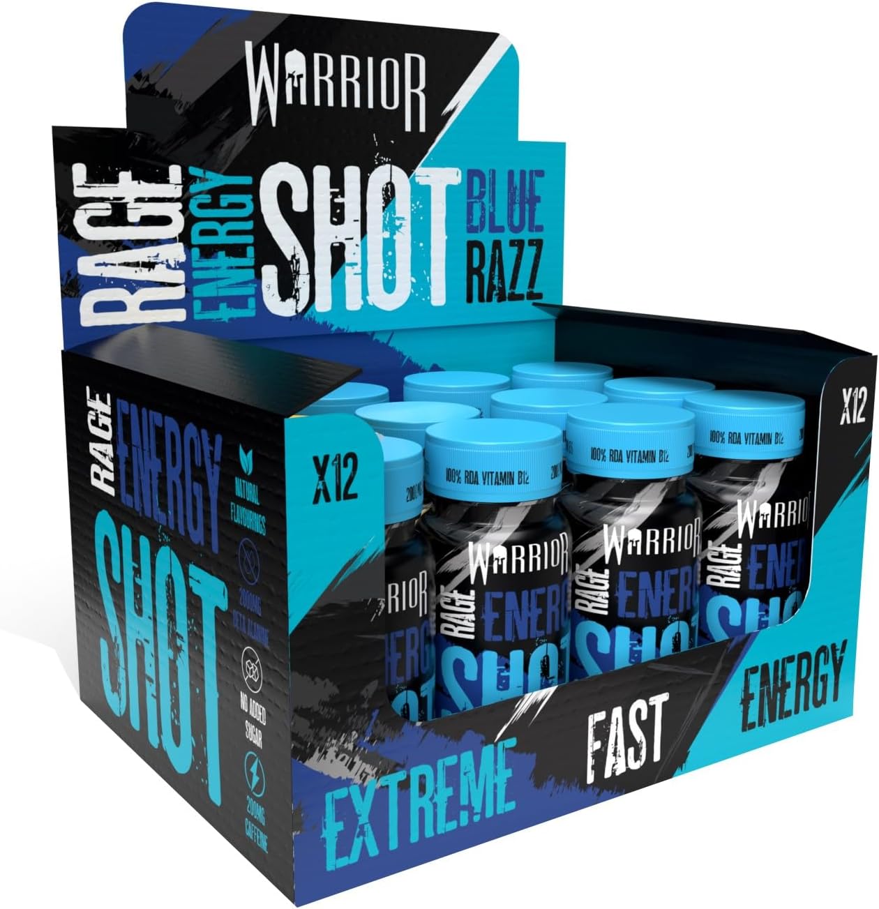 – Warrior Rage Energy Shots - Pre Workout Shot Drink 12 x 60ml - RTD Fuel Juice Supplement (Liquid not Gels) - 200mg Caffeine to Lift Sessions and Running - Contains Vitamin B6 & B12 (Blue Raspberry)