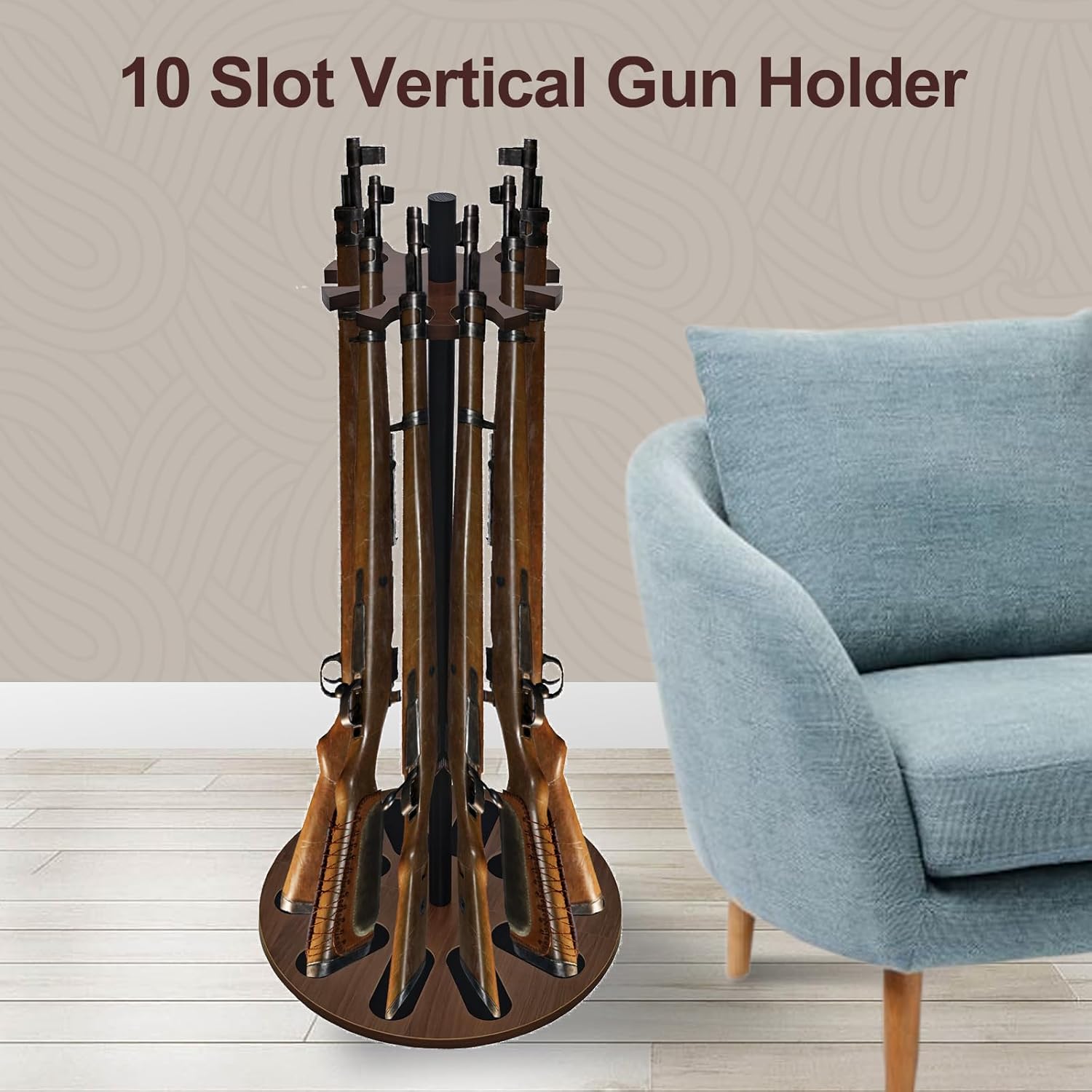 Heavy Duty Wood Gun Rack, Round Rotating Vertical Gun Rack - Floor Standing Rifle Rack Holds Up to 10 Long Guns, Indoor Gun Racks with Soft Padding for Rifle/Shotgun Storage, Gun Display Stand for Safe & Garage