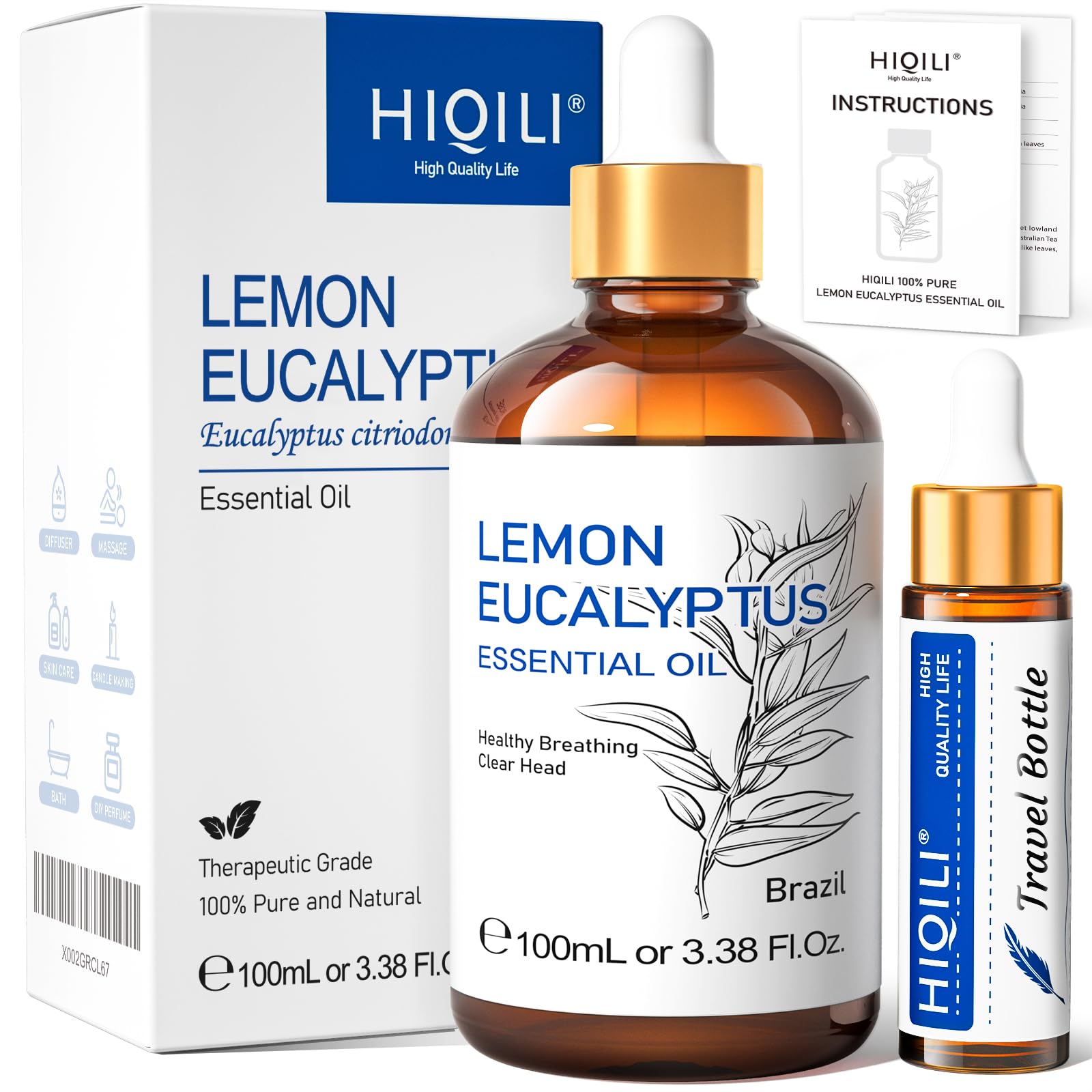 HIQILI Olio di Eucalipto al Limone, per Spary, Diffusore, Interno, Esterno, Giardino, Cortile, 100% Puro Naturale