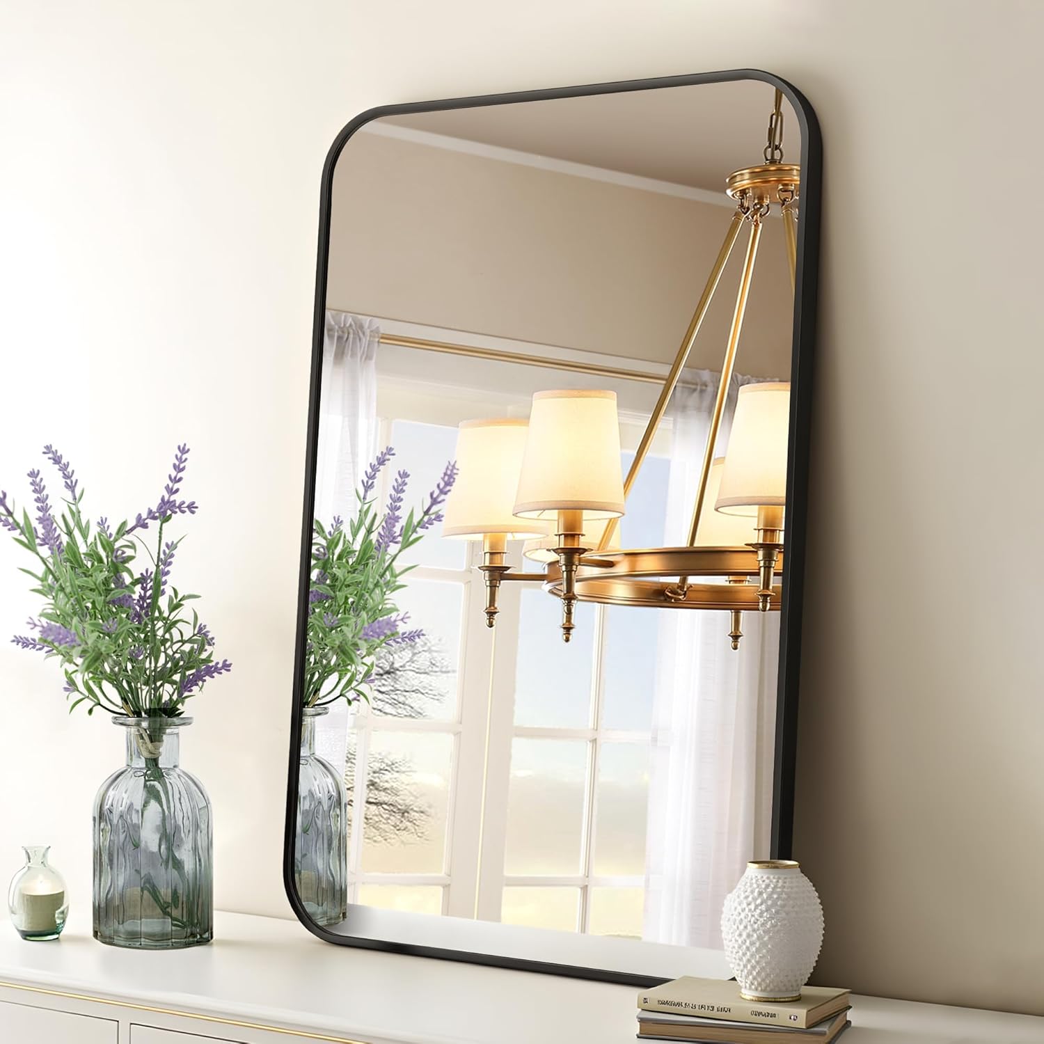 Umzodo 16x20 inch Brushed Black Bathroom Mirror, Rounded Rectangle Mirror for Bathroom, Anti-Rust Frame & Tempered Glass, Horizontal/Vertical Wall Mounted Brushed Black 20" x 16"