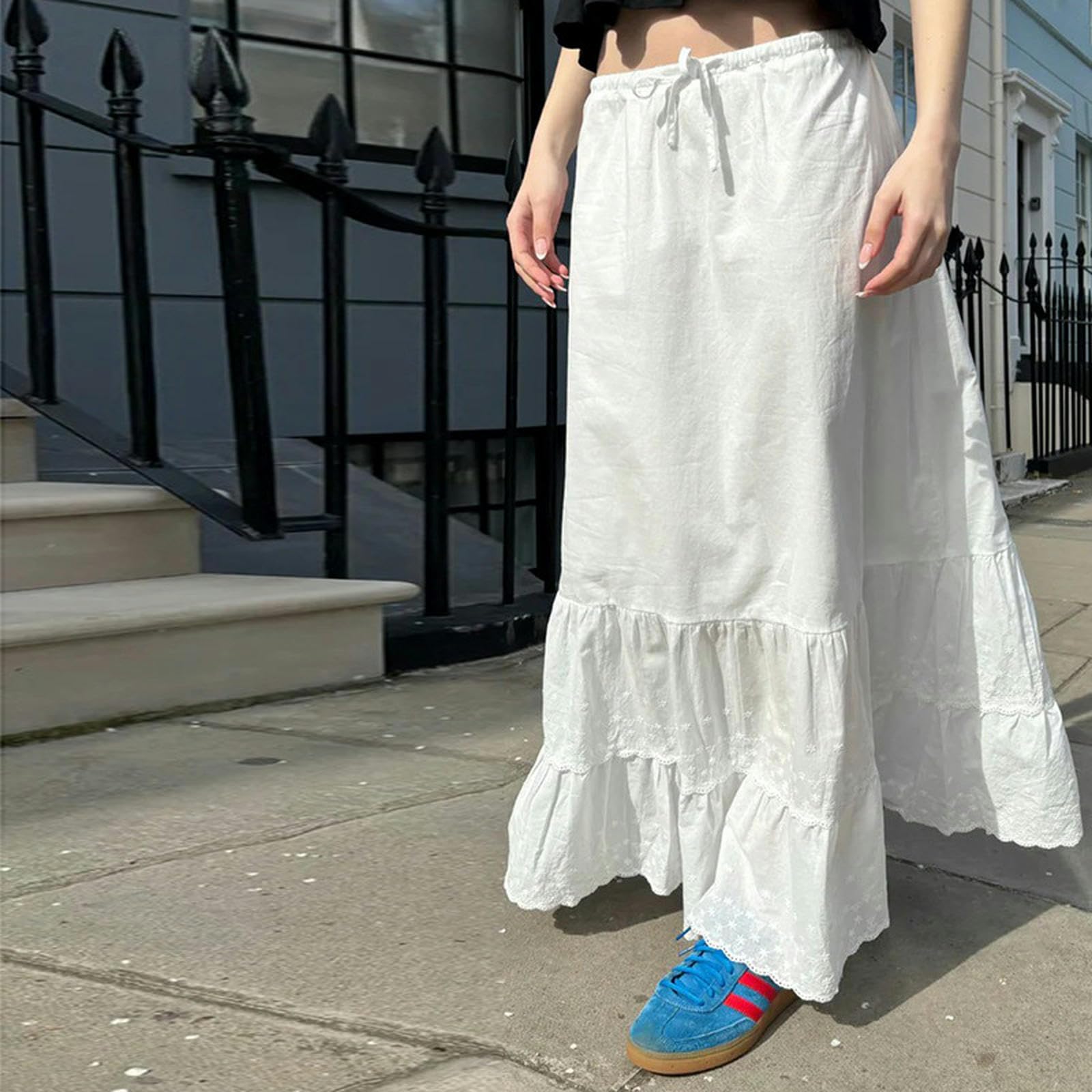 Falda Larga con Cordones Estilo niña Dulce Falda básica Sencilla de Punto-Blanca-M