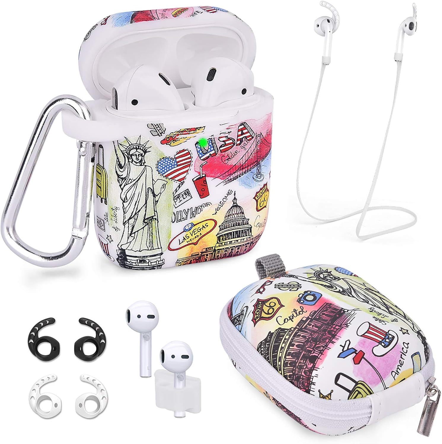 Airpods Case - Airspo 7 in 1 Airpods Accessories Set Compatible with Airpods 1 & 2 Protective Silicone Cover Floral Print Cute Case (USA Graffiti)