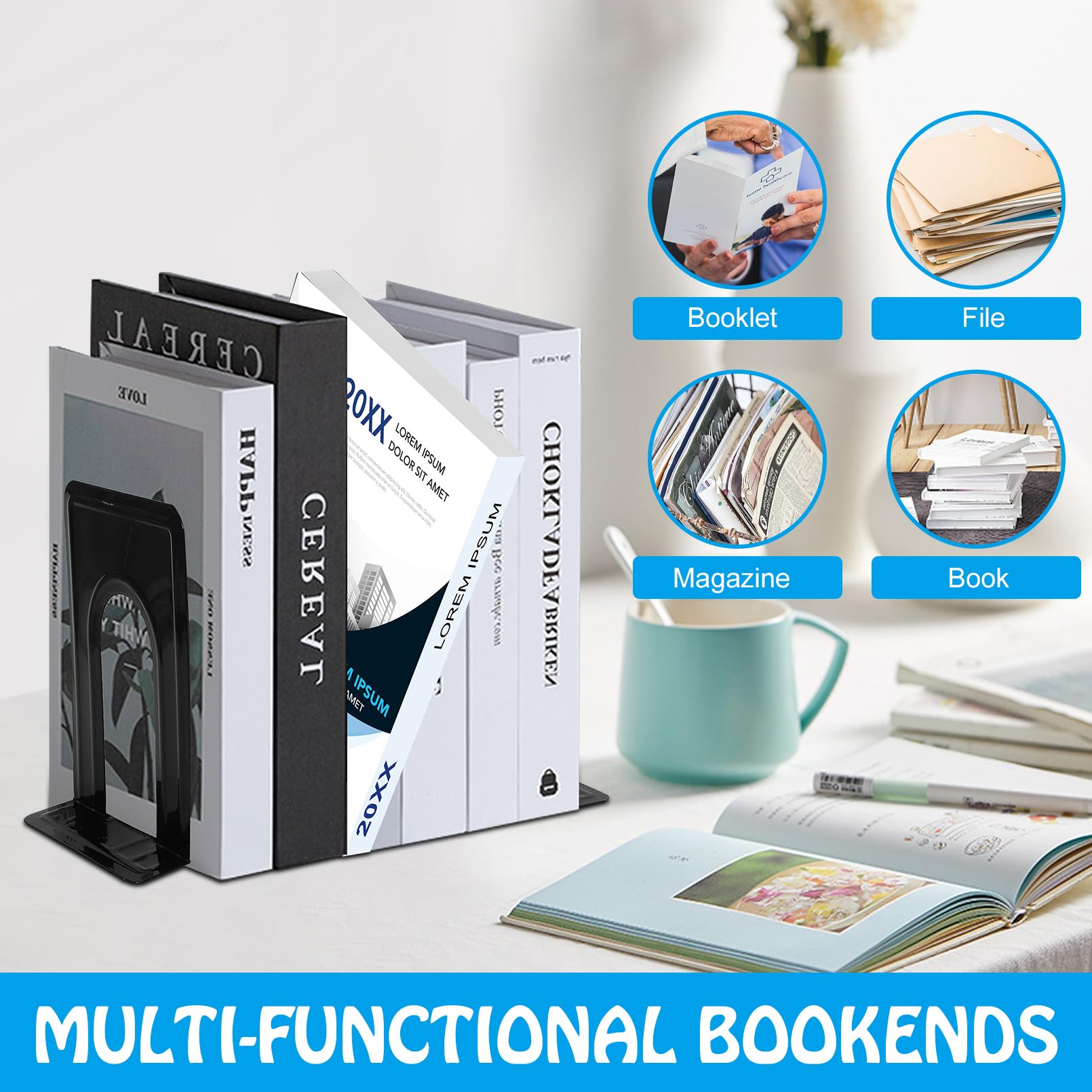Buchstützen, Buchstützen für Regale, Metall-Buchstützen, robuste Buchstützen, schwarze Buchstützen, rutschfeste Buchstützen, universeller Buchstopper für schwere Bücher/Filme/CDs, Büro,