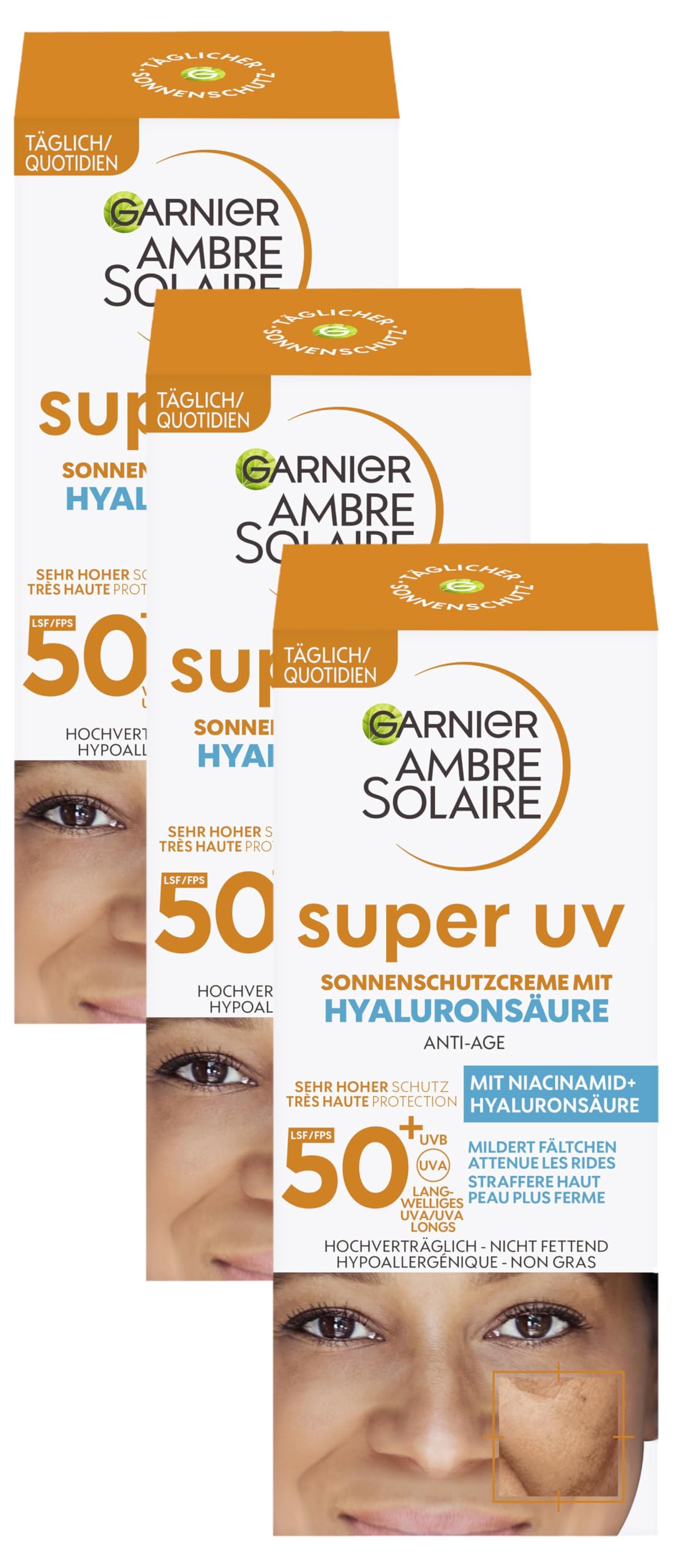 Garnier Anti-Aging Sonnencreme mit LSF 50, Sonnenschutz mit Hyaluron und Vitamin B gegen Falten und Trockenheit, Ambre Solaire, 1 x 50 ml (Packung mit 3)