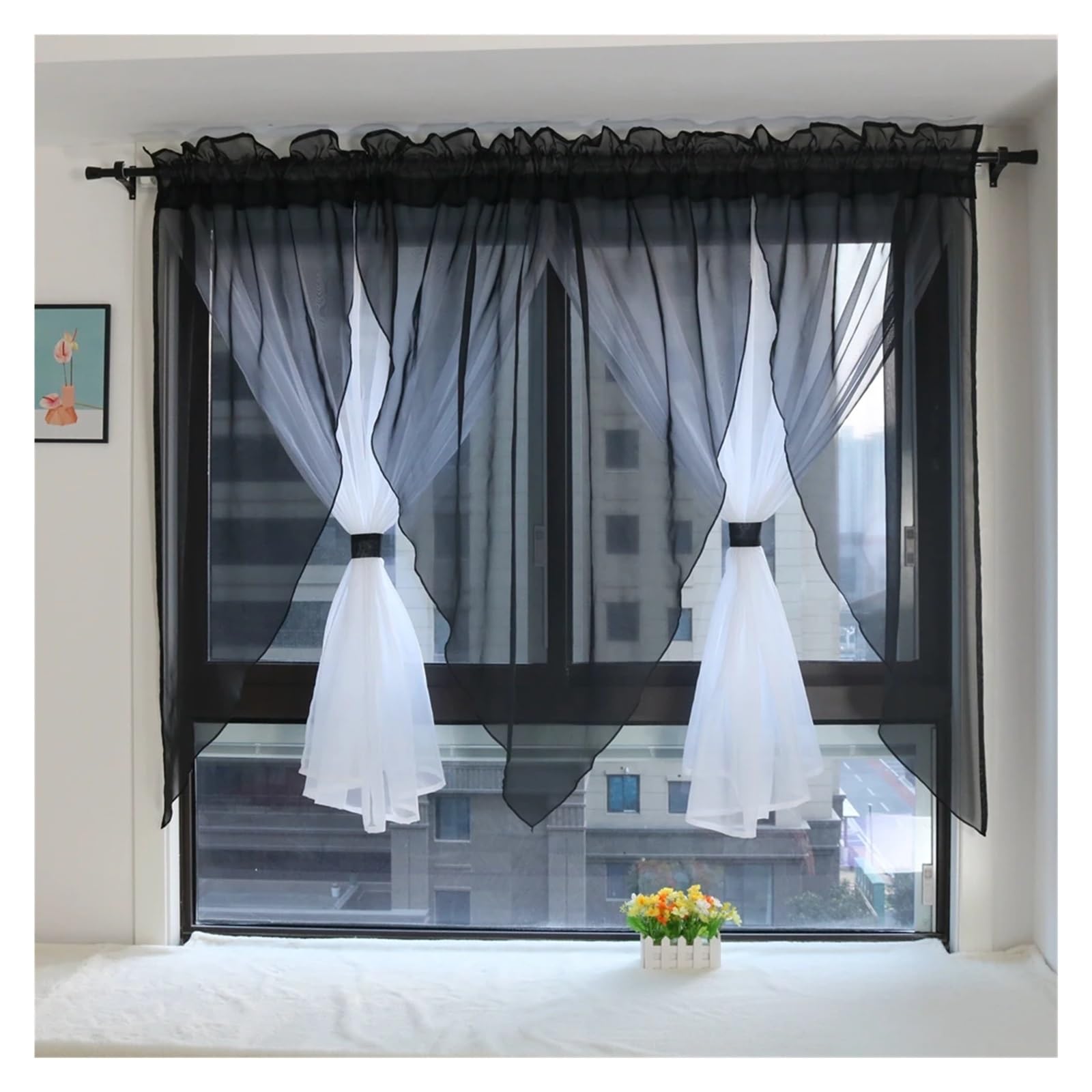 MKYYIOED Short Curtains Solid Voile Veil Livingroom Balcony Bedroom Curtain Sheer Short Kitchen Window Treatments(Black,NARROW PLEATED TAPE_W300CM X H140CM)
