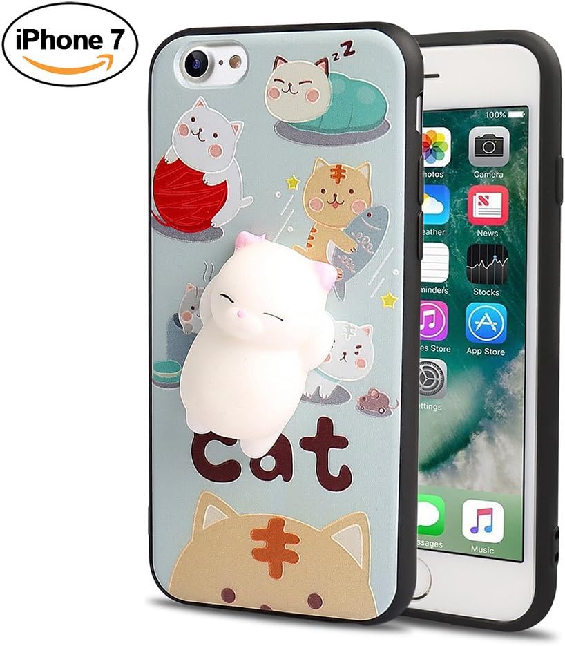 3D Soft Silicone Squishy Cat Phone Case for iPhone 7, Super Cute Novel TPU Protective Back Cartoon Animal Case. A1660 A1779 A1778 iPhone Case