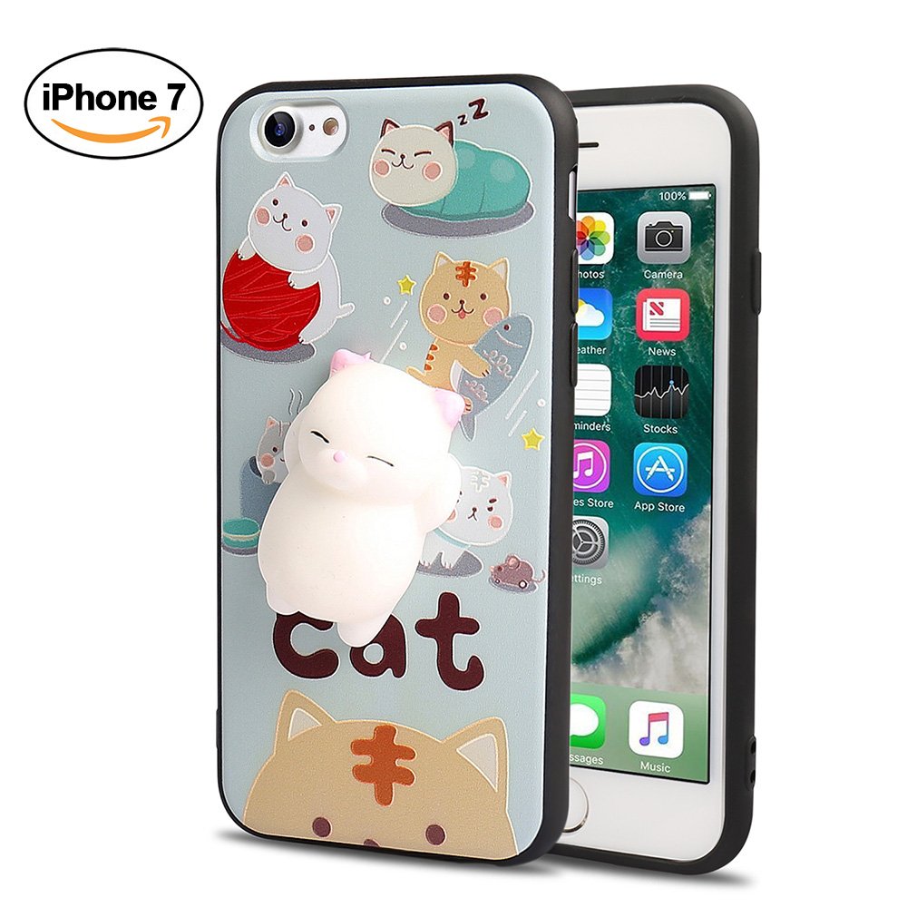 3D Soft Silicone Squishy Cat Phone Case for iPhone 7, Super Cute Novel TPU Protective Back Cartoon Animal Case. A1660 A1779 A1778 iPhone Case