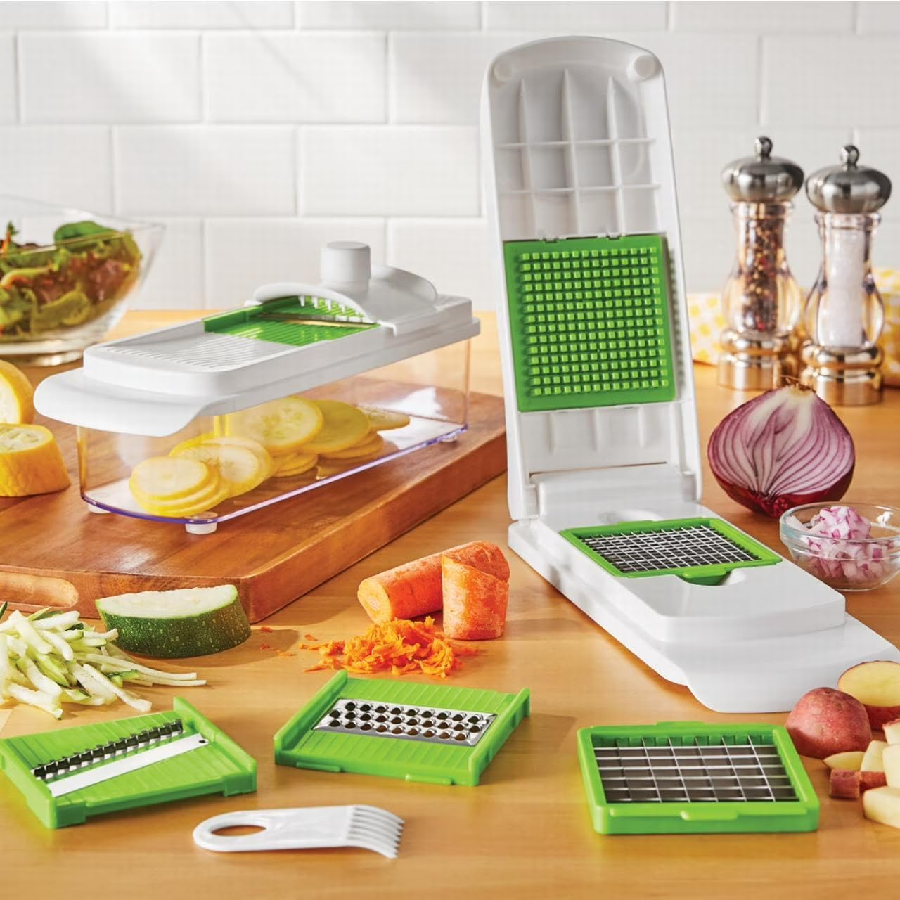 11-Piece Multi-Function Vegetable Dicer & Mandoline Slicer, Stainless Steel Blades, Green Glaze Finish, 820g