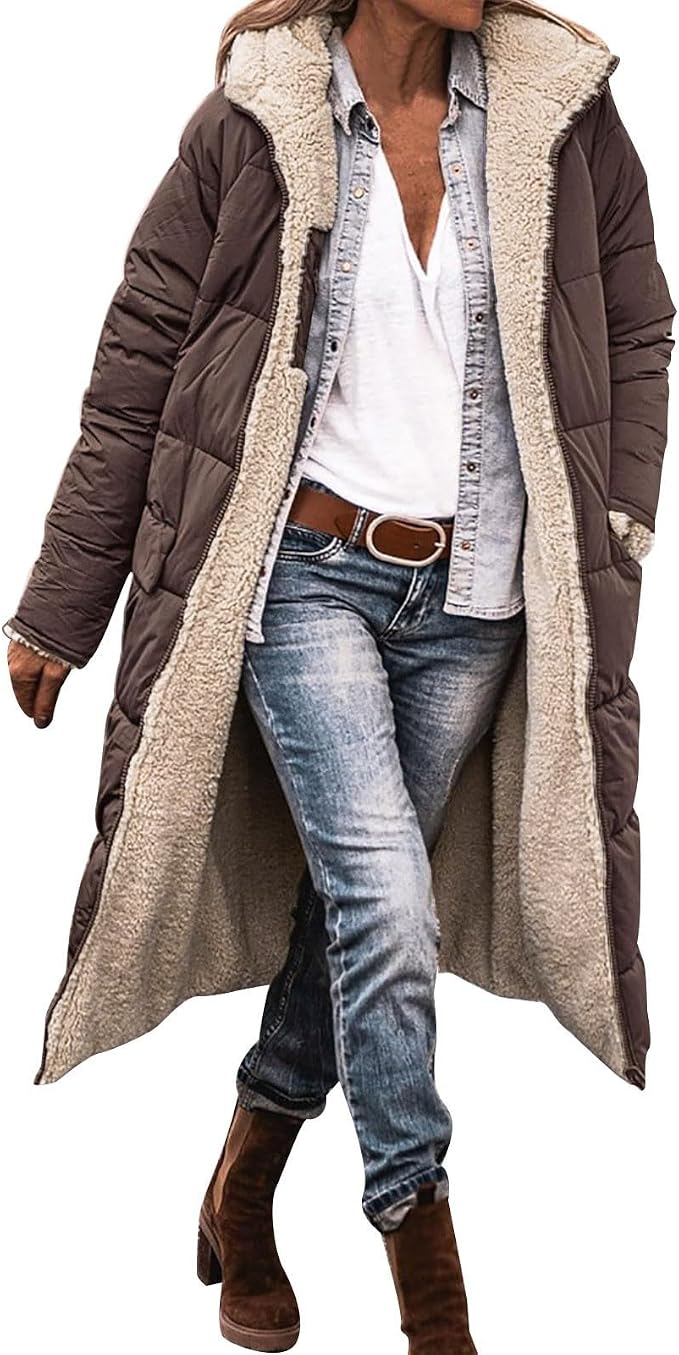 XUEBIN Wintermantel Damen Warm Gefüttert Steppjacke Lange Klassische Schwarz Damenmantel Winter Fleece Parka Jacke Mit Kapuze Winterparka Mantel Elegant Einfarbig Bequemes ,M-5XL(Apricot,M