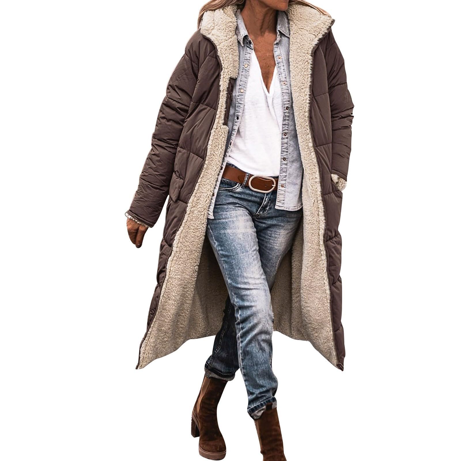 Generisch Cappotto invernale da donna, lungo, invernale, elegante, con imbottitura calda, con tasche, alla moda, con cerniera, piumino con cappuccio
