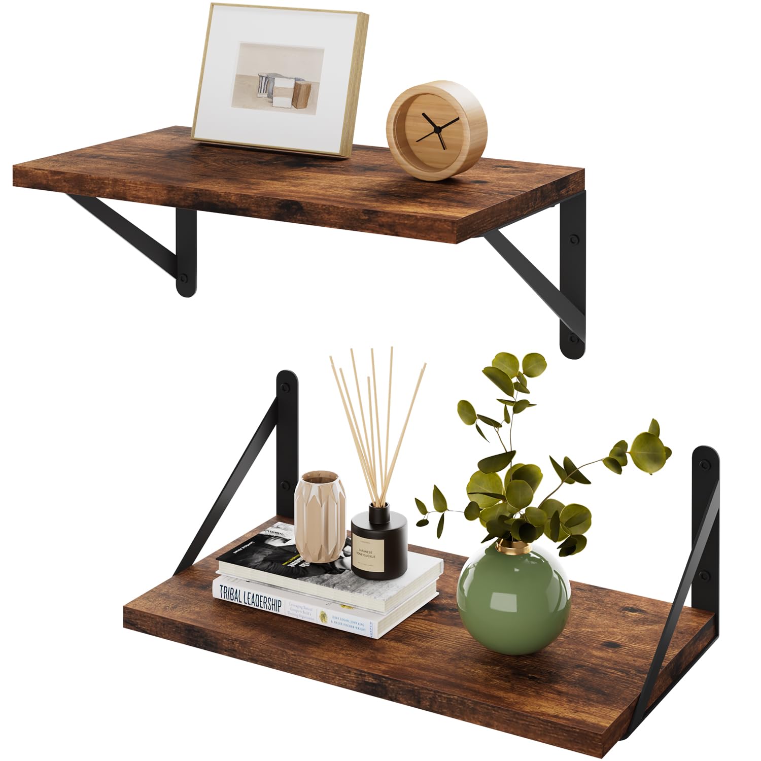 IBUYKE Deep Floating Shelves for Wall,8 Inch Deep Floating Shelves Set of 2,16W x 8D Wood Wall Shelf,Wide Floating Bookshelf for Living Room, Kitchen, Office TFS002H-2
