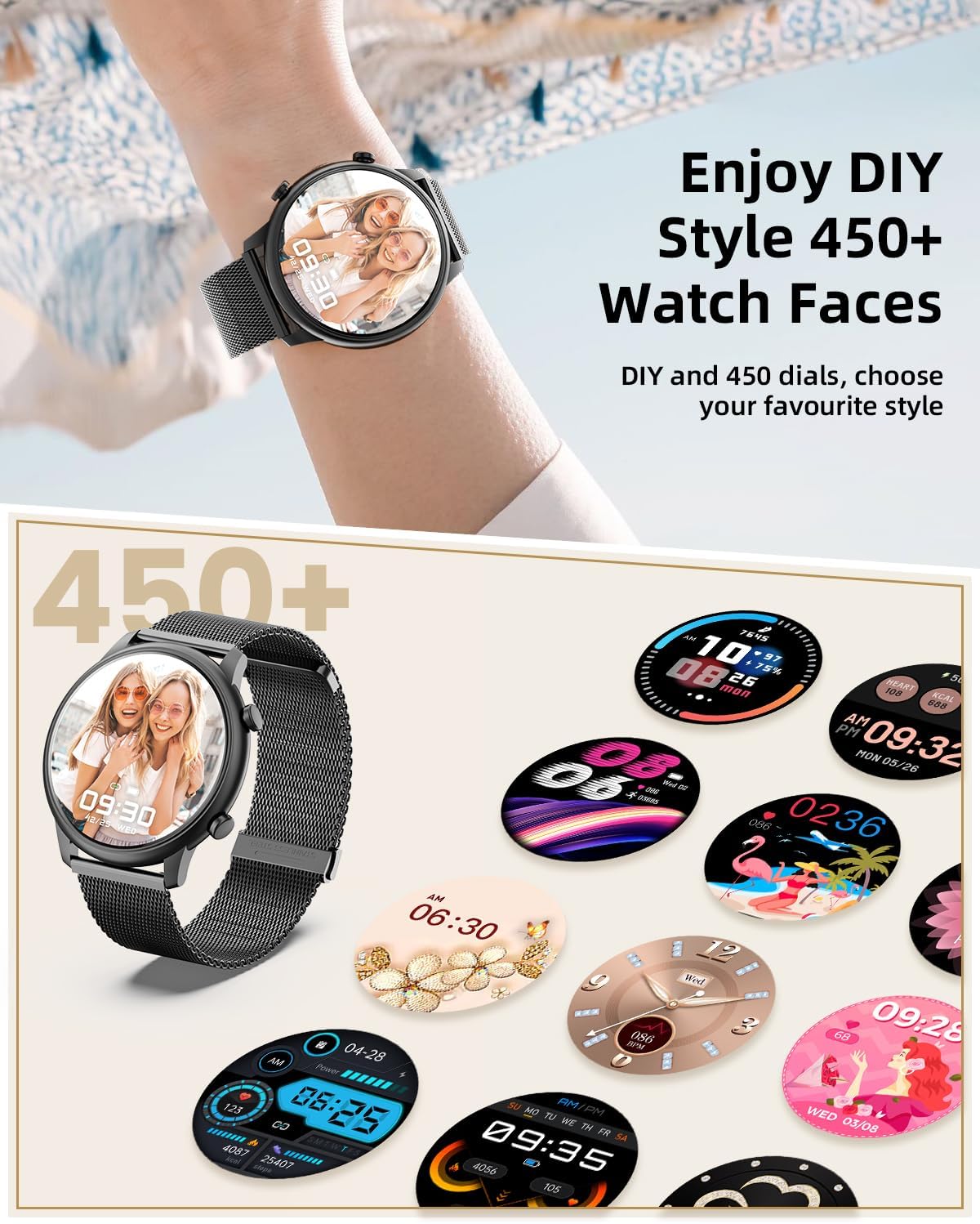 Image showing the Hwagol M6 Smart Watch on a wrist with a custom watch face, surrounded by various other watch face designs.
