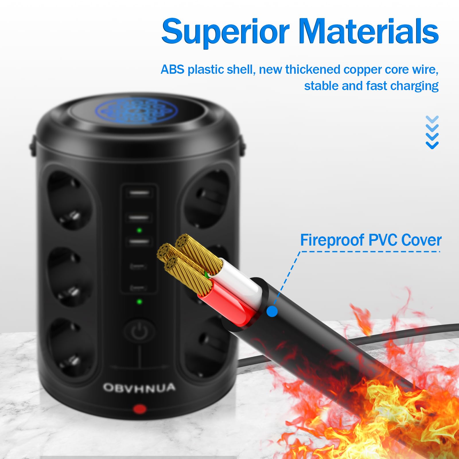 OBVHNUA Torretta Multipresa Verticale, Ciabatta Elettrica, 12 Prese CA 3 Porte di Ricarica USB-A e 2 Porta USB-C con Ricarica Wireless Ciabatta per Viaggi in Ufficio Casa, 2500W/15A