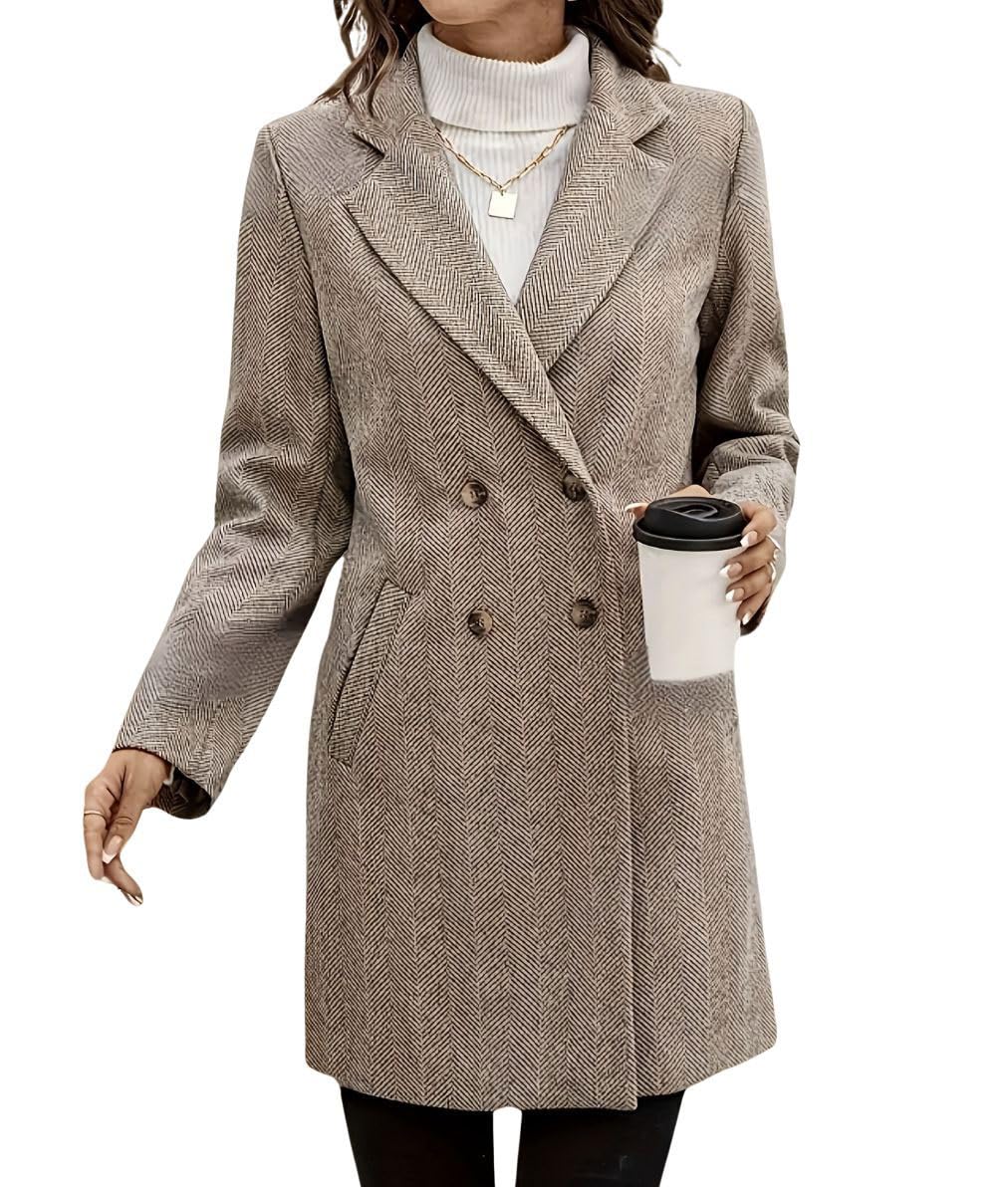 chouyatou Womens Herringbone Wool Pea Coat Double Breasted Notched Lapel Mid Long Blazer Jacket Outerwear Overcoat