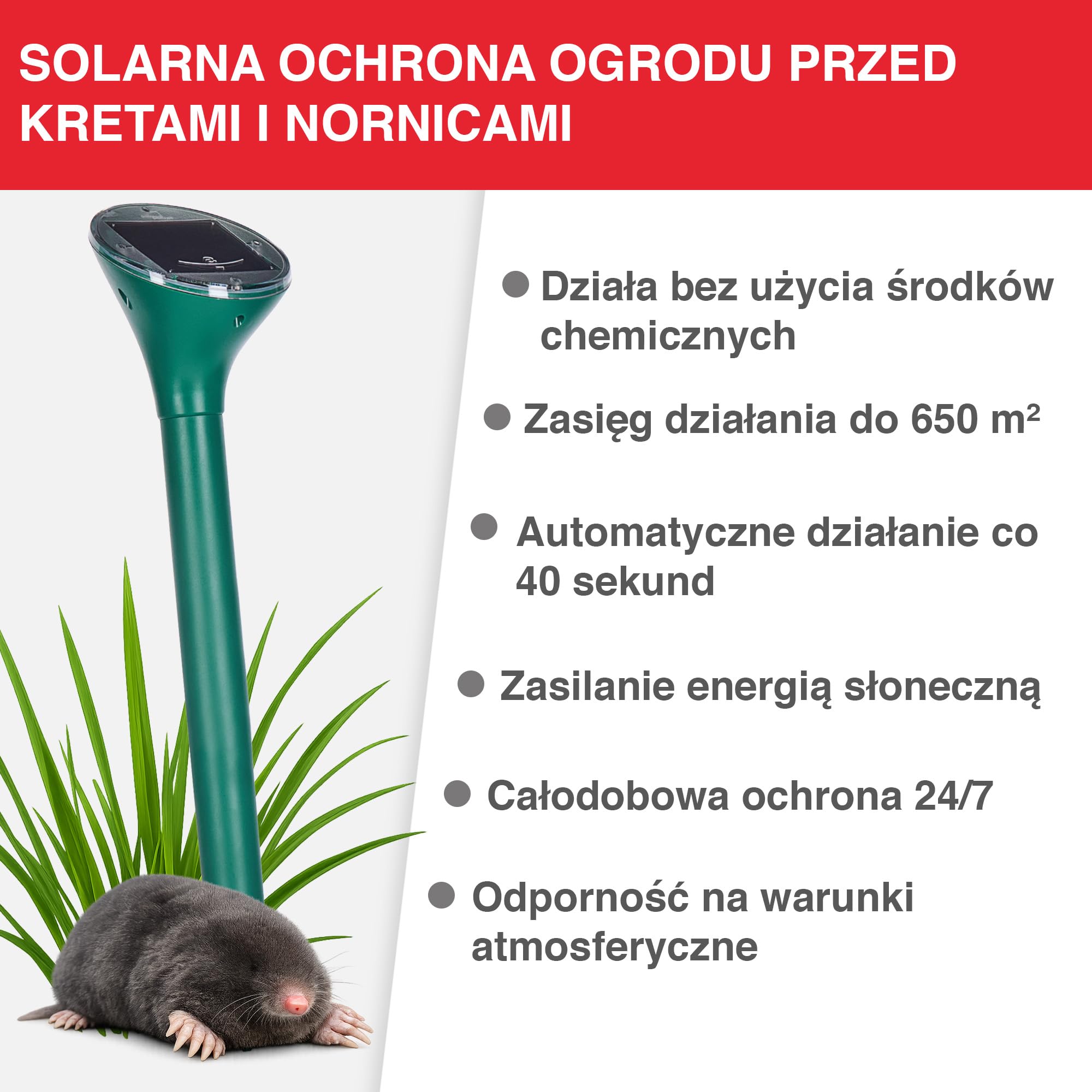SWISSINNO Solarny Odstraszacz Kretów i Nornic do 650 m², Ultradźwiękowy i Wibracyjny Odstraszacz Gryzoni, Zasilanie Solarne, Wodoodporny, do Ogrodu, Trawnika i Działki, 1 szt.