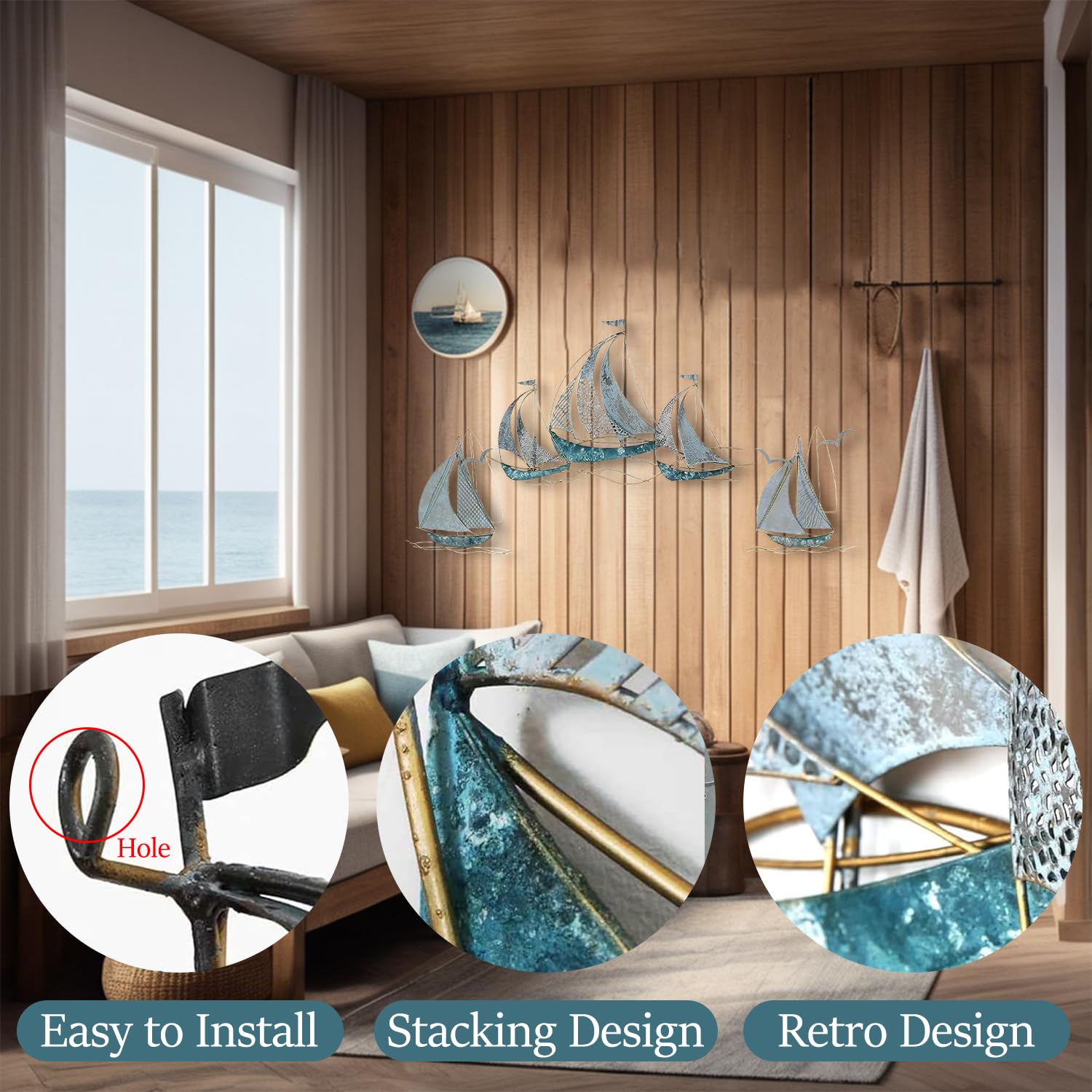 Decorazione da Parete in Metallo Barca A Vela Set 3 Pezzi, Decorazione Marina Blu per Soggiorno Camera da Letto Bagno Interno & Esterno