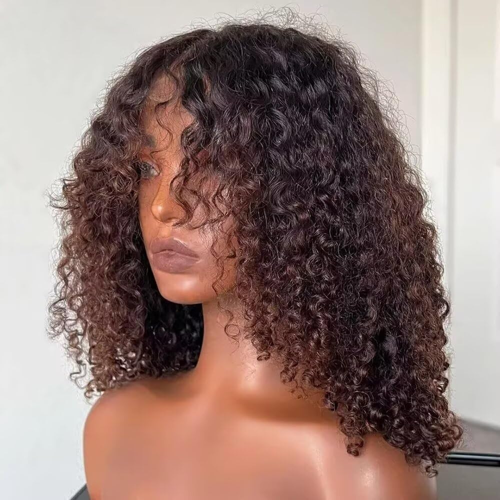Layered Cut Ombre Brown #1B/2 Colored Wig Kinkly Curly 13X4 HD Transparent Lace Front Wig with Baby Hair Pre Plucked Virgin Human Hair Glueless Brazilian Remy 180% Density for Women 14"