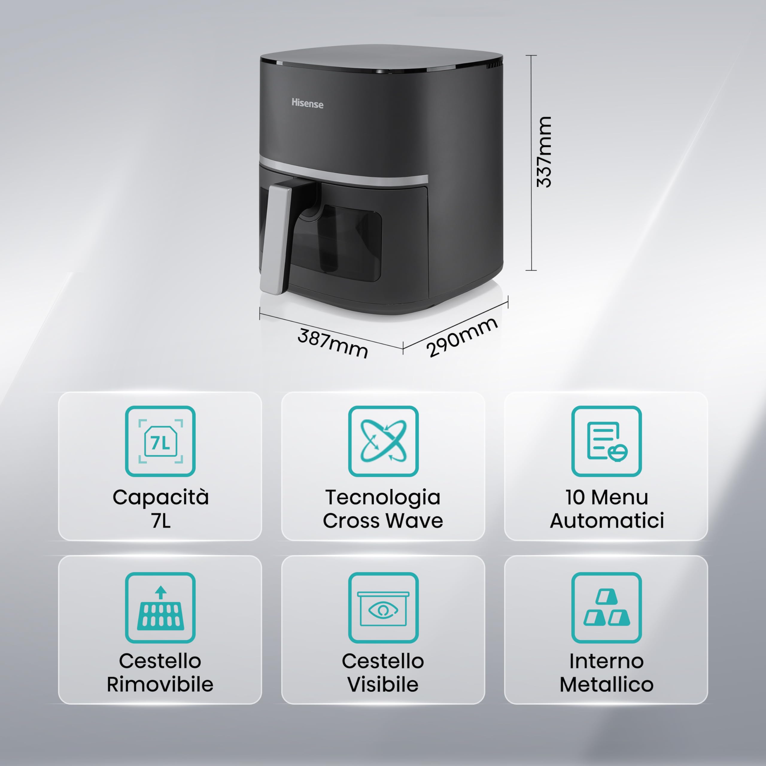 Hisense HAF1900D - 10 programmi automatici, temperatura 40-200°C, 7L, potenza massima 1800W, display LED e comandi touch, finestra