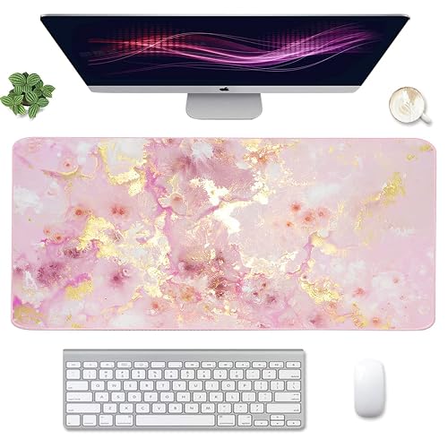 Extended Gaming Mouse Pad(35.4x15.7 in), Large Desk Pad Laptop Computer Keyboard Mat Waterproof Desk Decor Writing Pad for Work, Game, Office, Home - Pink Gold Marble